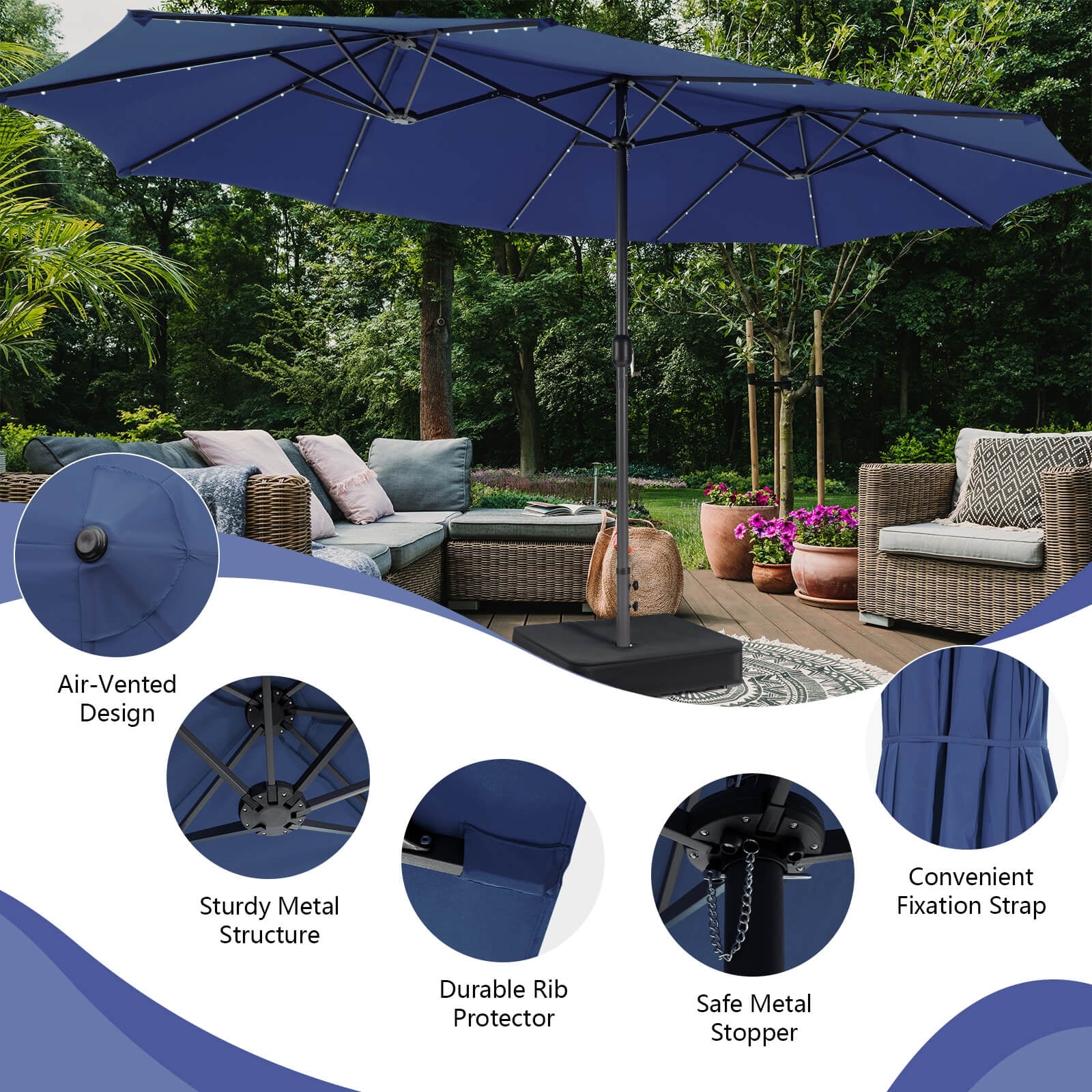 15 Feet Double-Sided Patio Umbrella, 48 LED Lights, Navy - Image 9