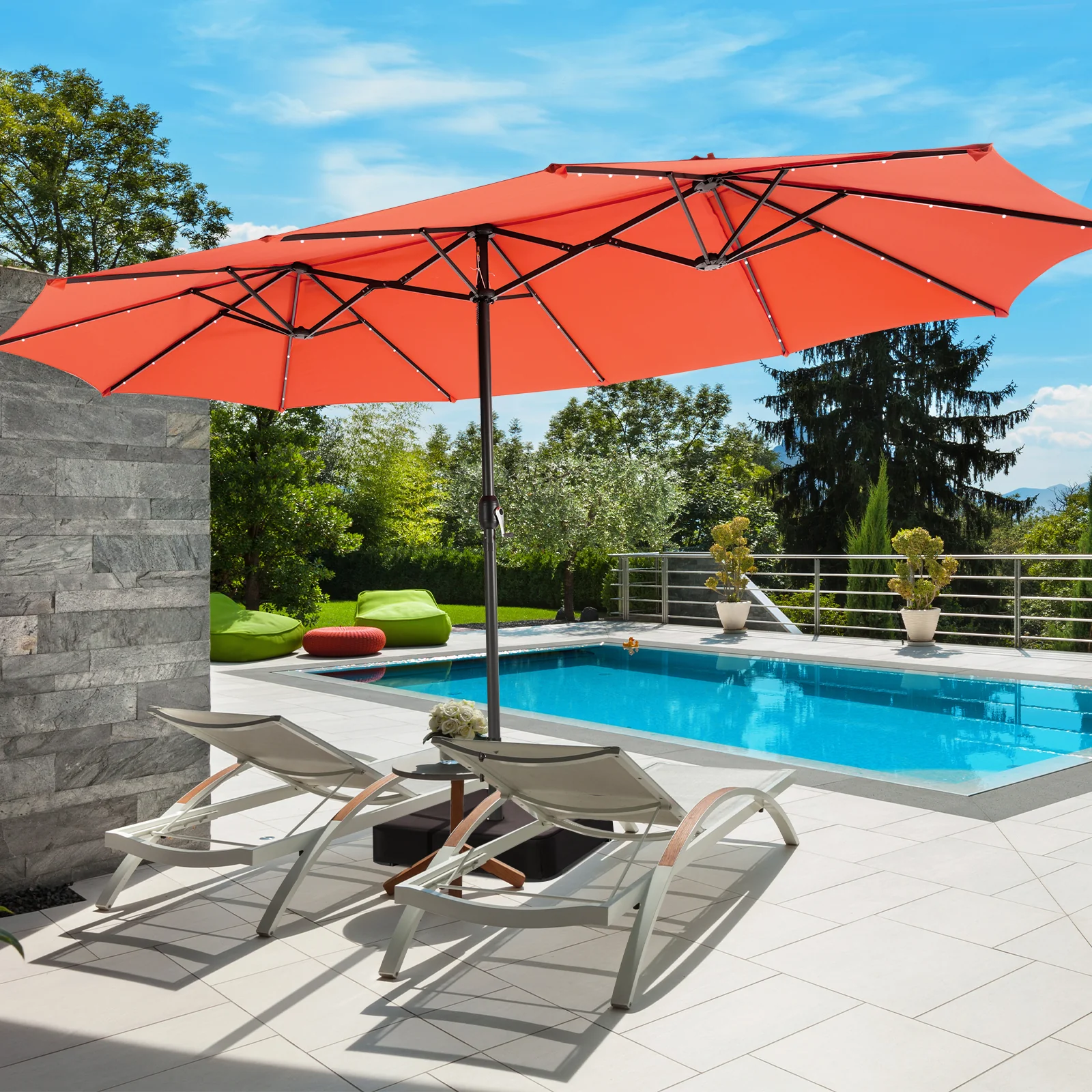 15 Feet Double-Sided Patio Umbrella, 48 LED Lights, Orange - Image 2