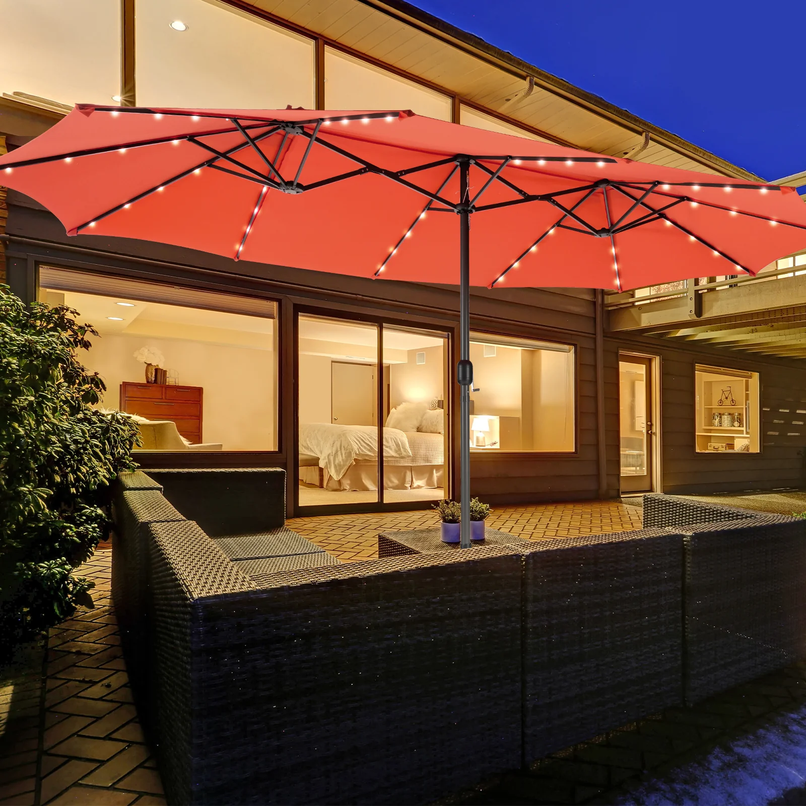 15 Feet Double-Sided Patio Umbrella, 48 LED Lights, Orange - Image 3