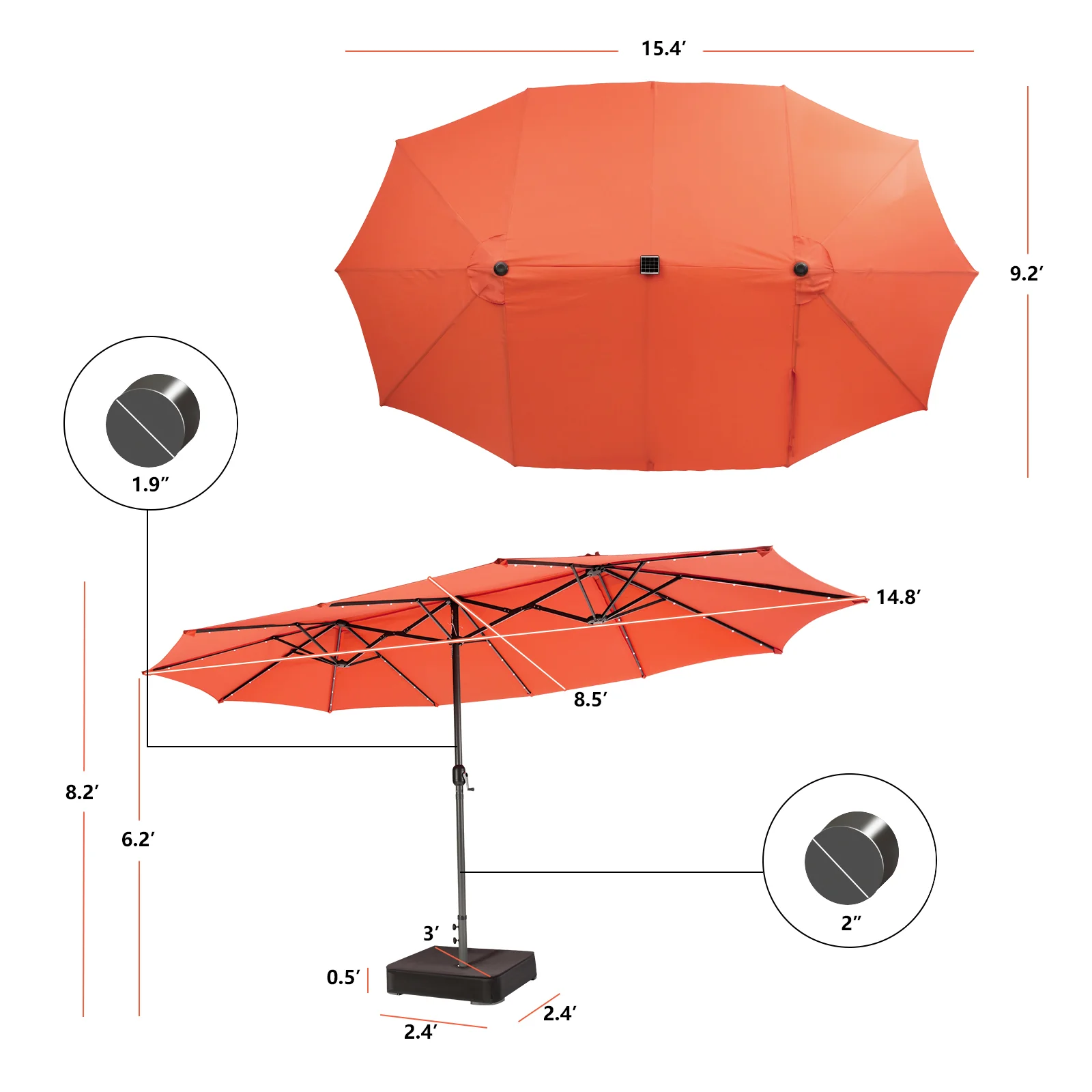 15 Feet Double-Sided Patio Umbrella, 48 LED Lights, Orange - Image 5