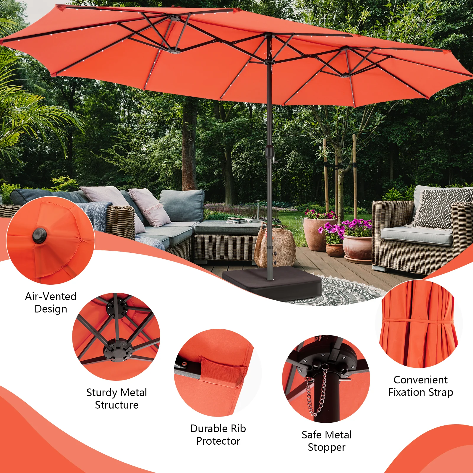 15 Feet Double-Sided Patio Umbrella, 48 LED Lights, Orange - Image 8