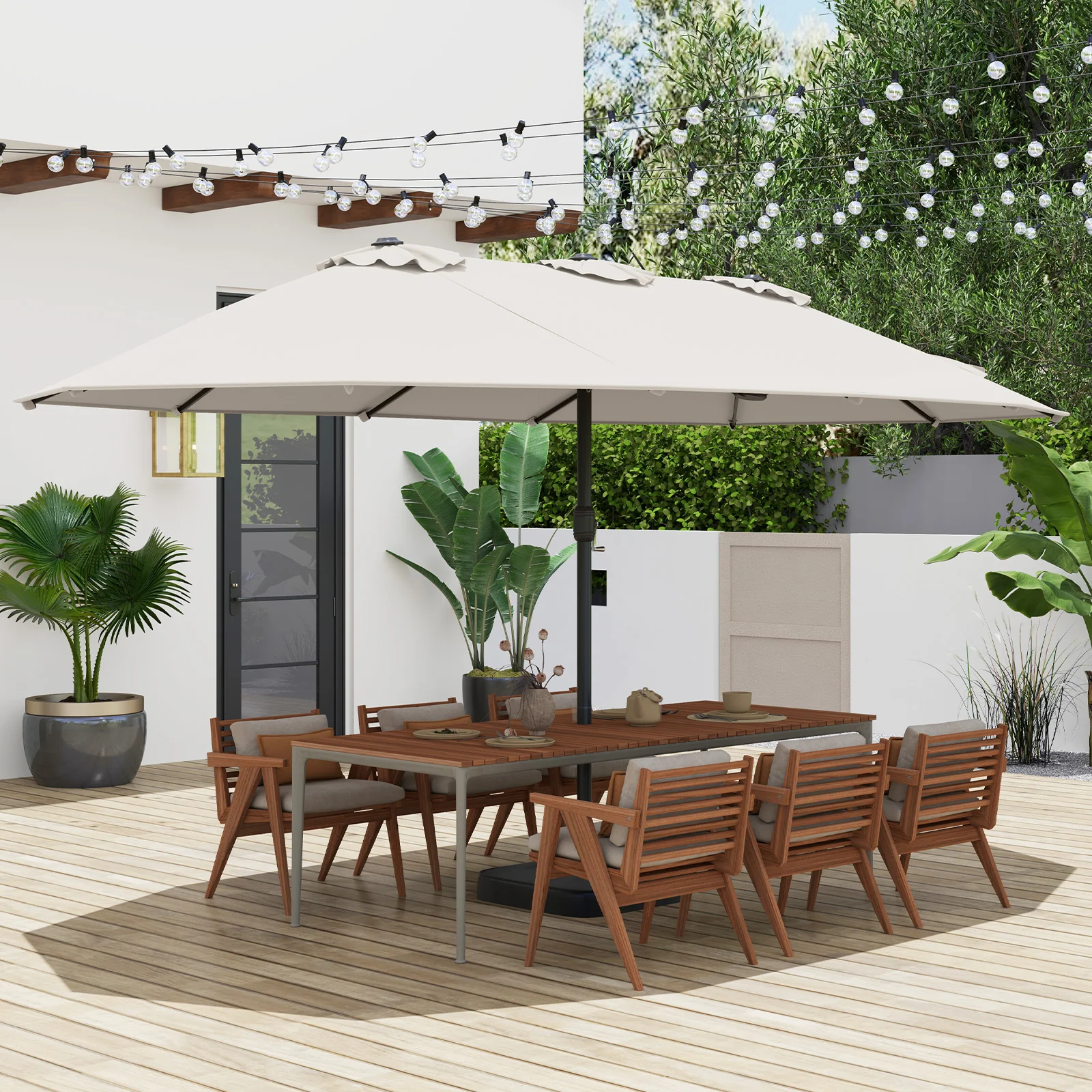15 Feet Double-Sided Patio Umbrella, Crank And Base, Beige, Coffee - Image 2