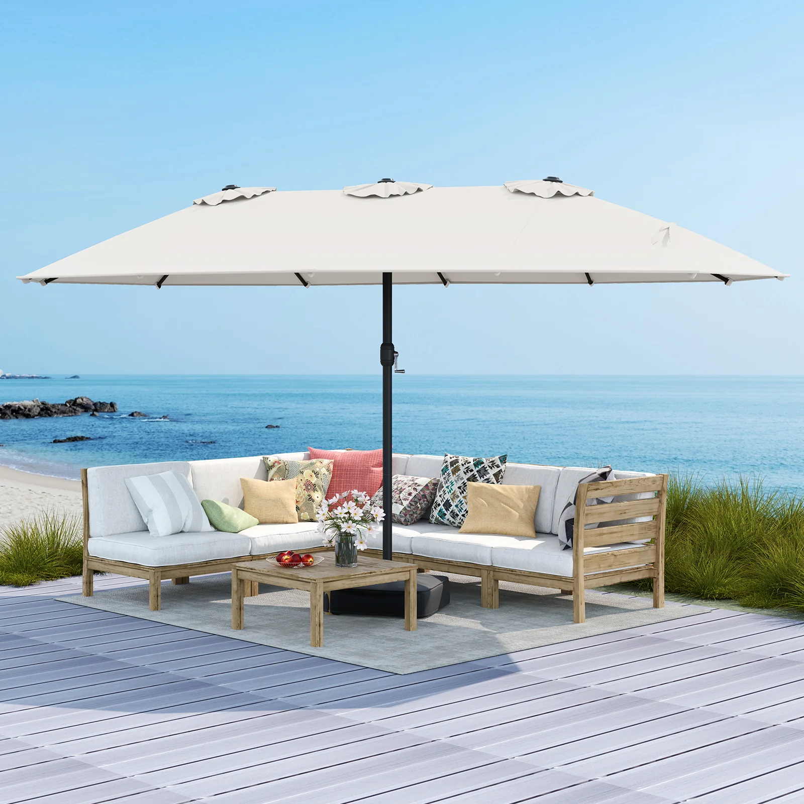 15 Feet Double-Sided Patio Umbrella, Crank And Base, Beige, Coffee - Image 3