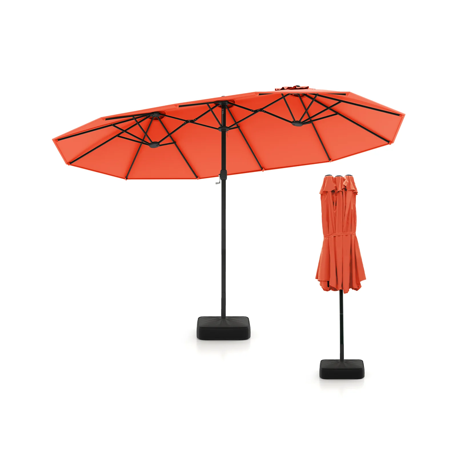 15 Feet Double-Sided Patio Umbrella, Crank And Base, Orange, Coffee