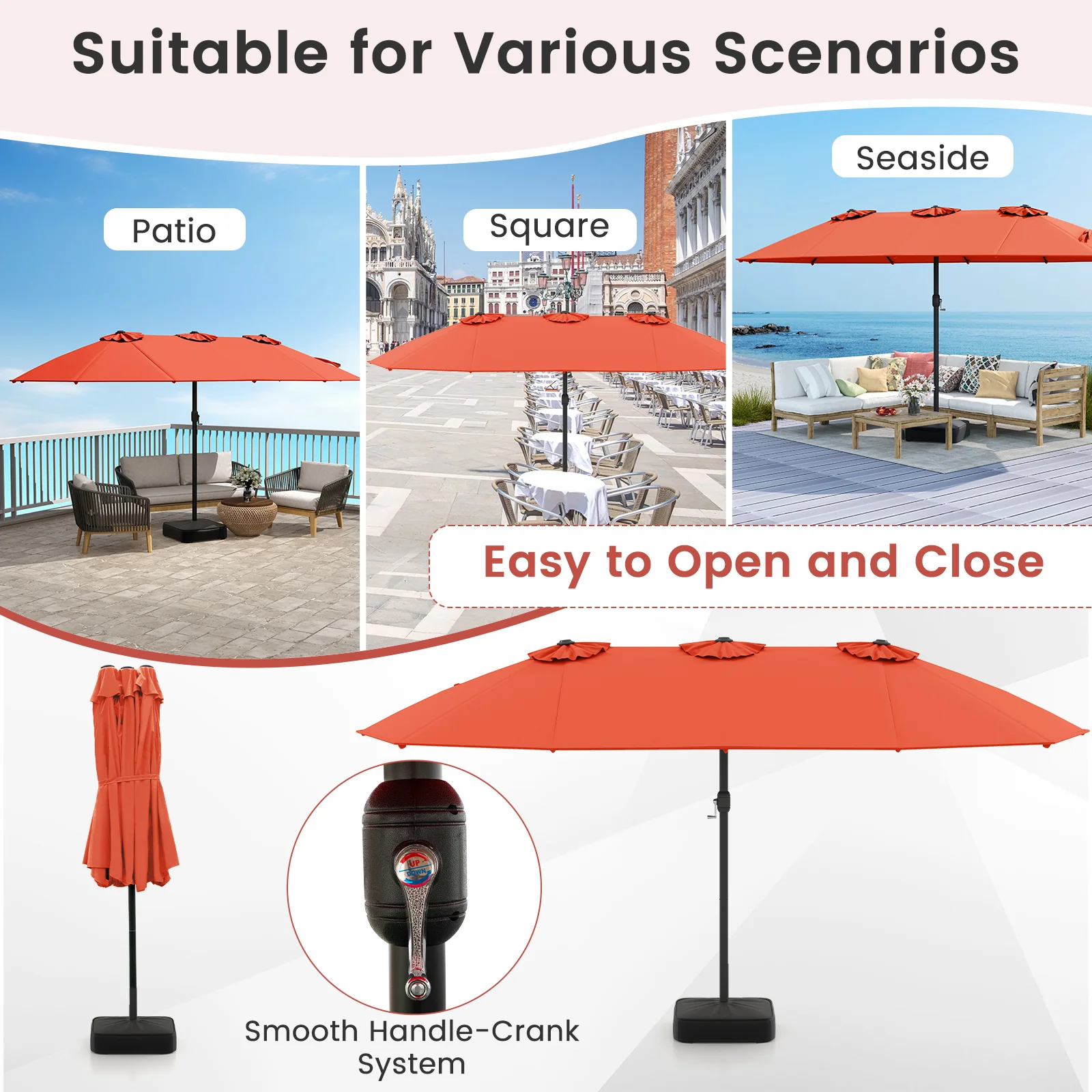 15 Feet Double-Sided Patio Umbrella, Crank And Base, Orange, Coffee - Image 10