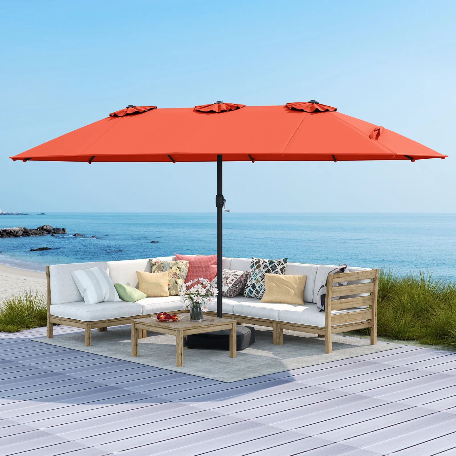 15 Feet Double-Sided Patio Umbrella, Crank And Base, Orange, Coffee - Image 3