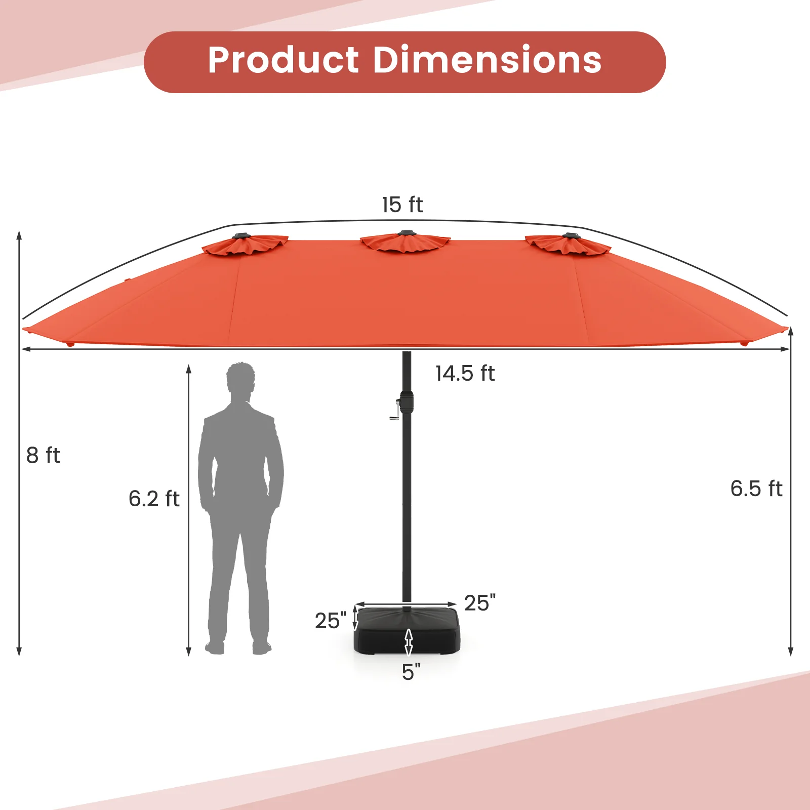 15 Feet Double-Sided Patio Umbrella, Crank And Base, Orange, Coffee - Image 6