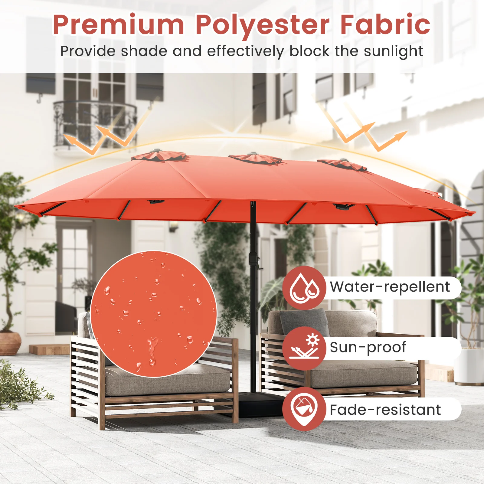 15 Feet Double-Sided Patio Umbrella, Crank And Base, Orange, Coffee - Image 7
