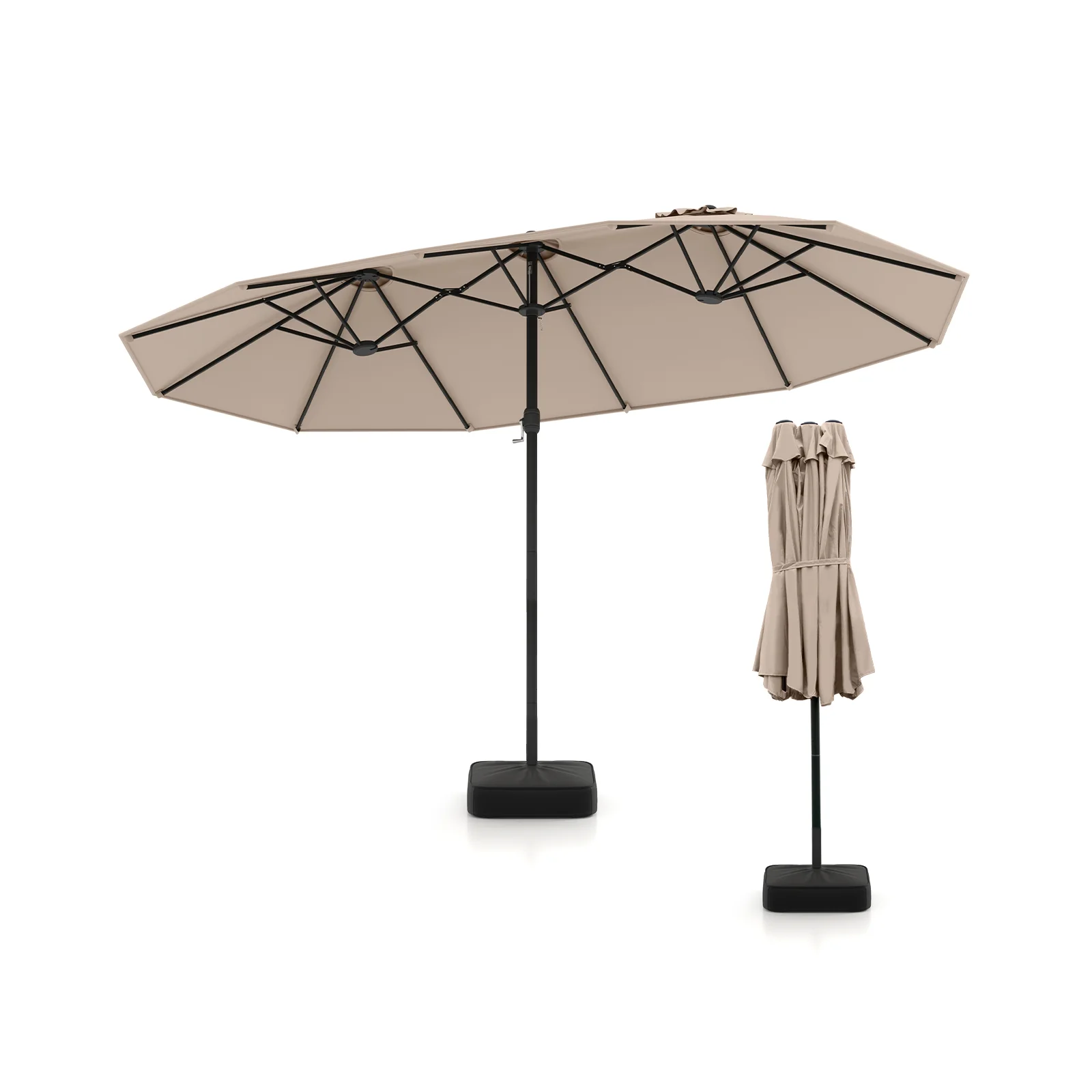 15 Feet Double-Sided Patio Umbrella, Crank, Base, Coffee, Brown