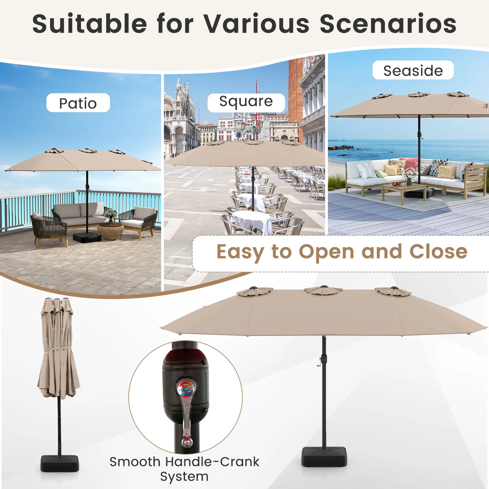 15 Feet Double-Sided Patio Umbrella, Crank, Base, Coffee, Brown - Image 10