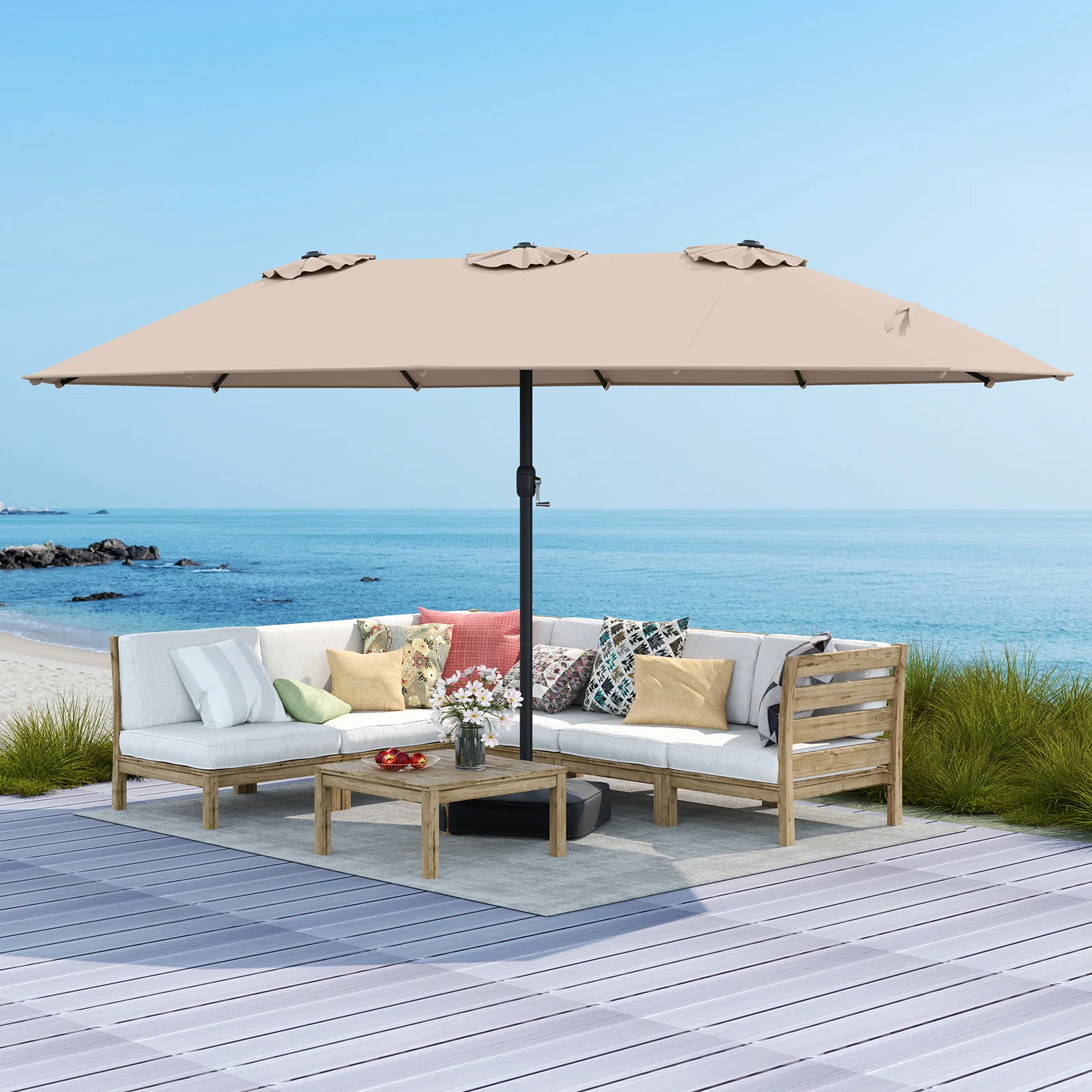 15 Feet Double-Sided Patio Umbrella, Crank, Base, Coffee, Brown - Image 3