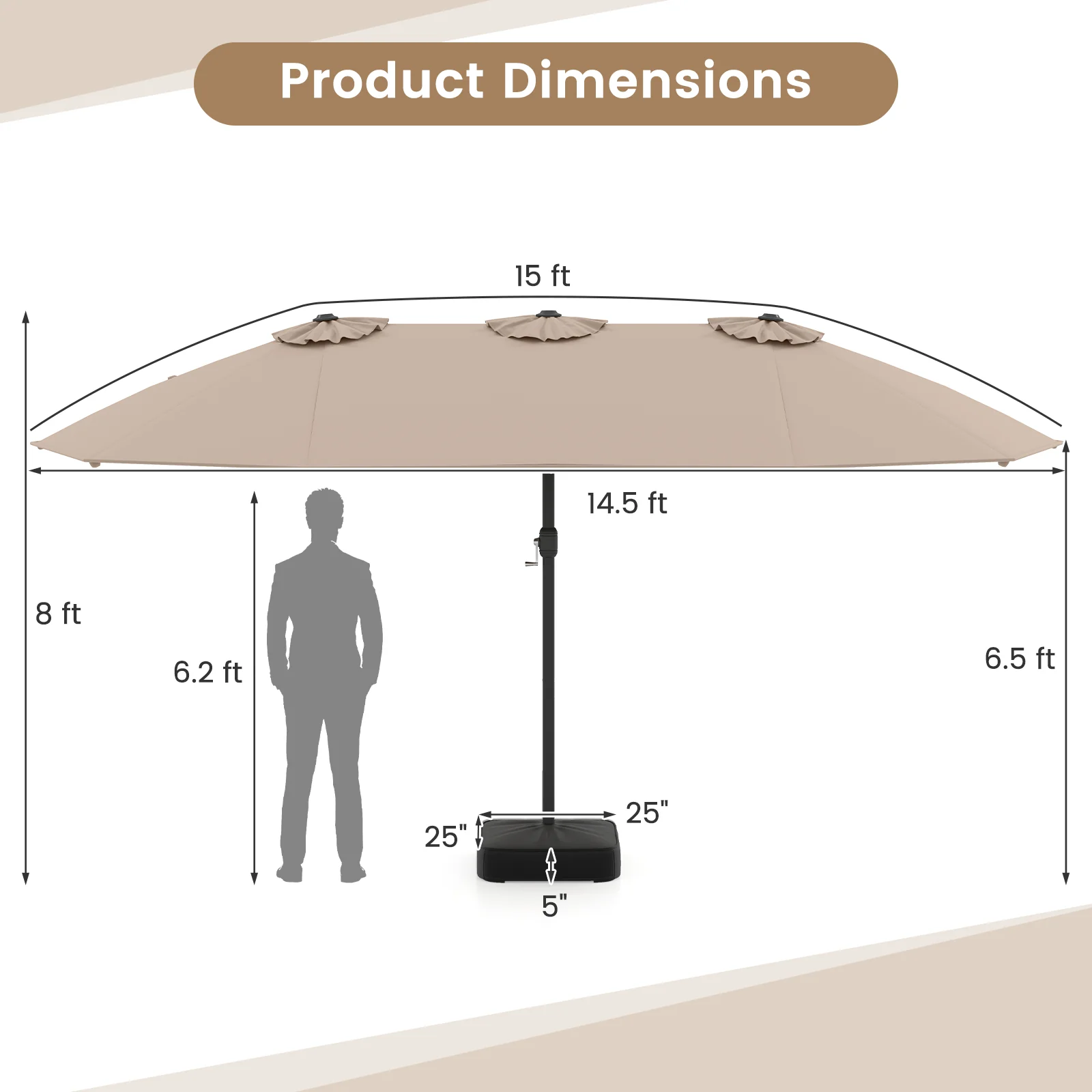 15 Feet Double-Sided Patio Umbrella, Crank, Base, Coffee, Brown - Image 6