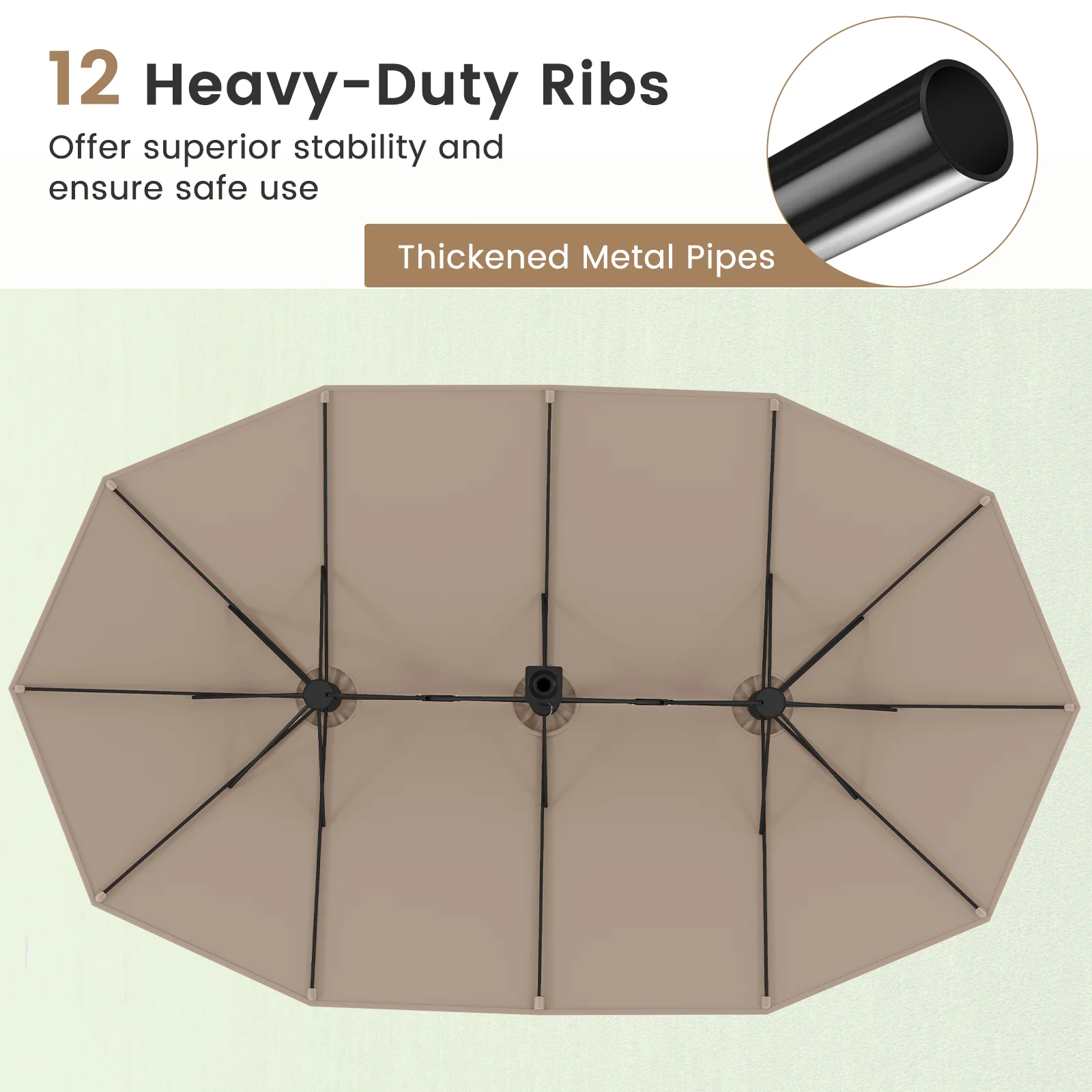 15 Feet Double-Sided Patio Umbrella, Crank, Base, Coffee, Brown - Image 9