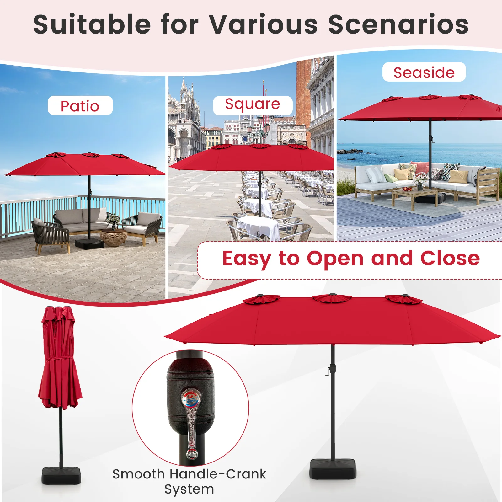 15 Feet Double-Sided Patio Umbrella, Crank Base, Coffee, Red - Image 10