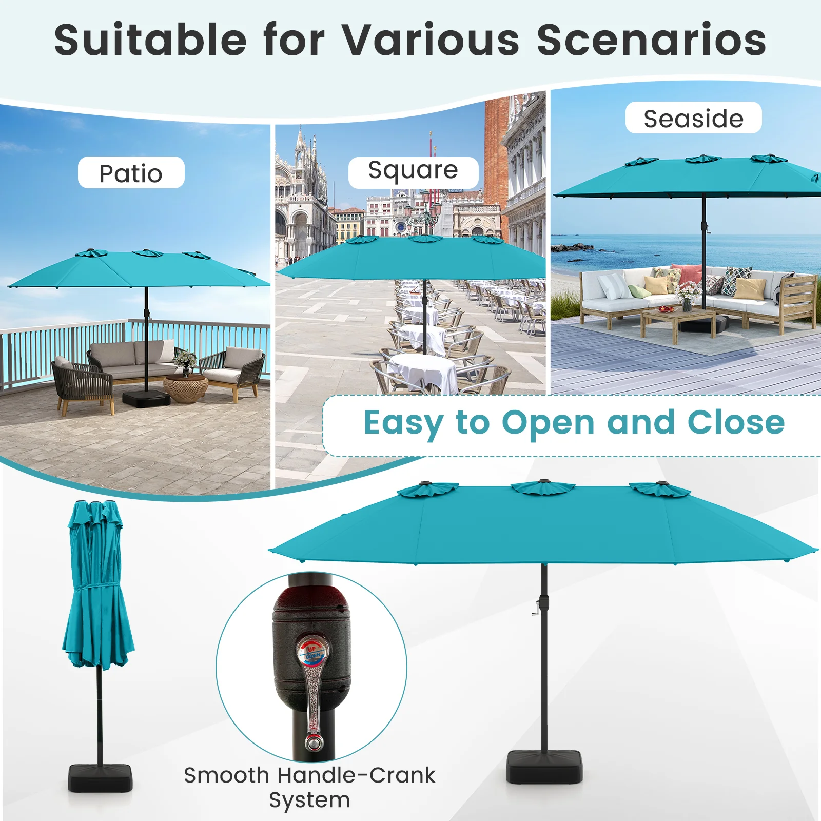 15 Feet Double-Sided Patio Umbrella, Crank Base, Turquoise - Image 10