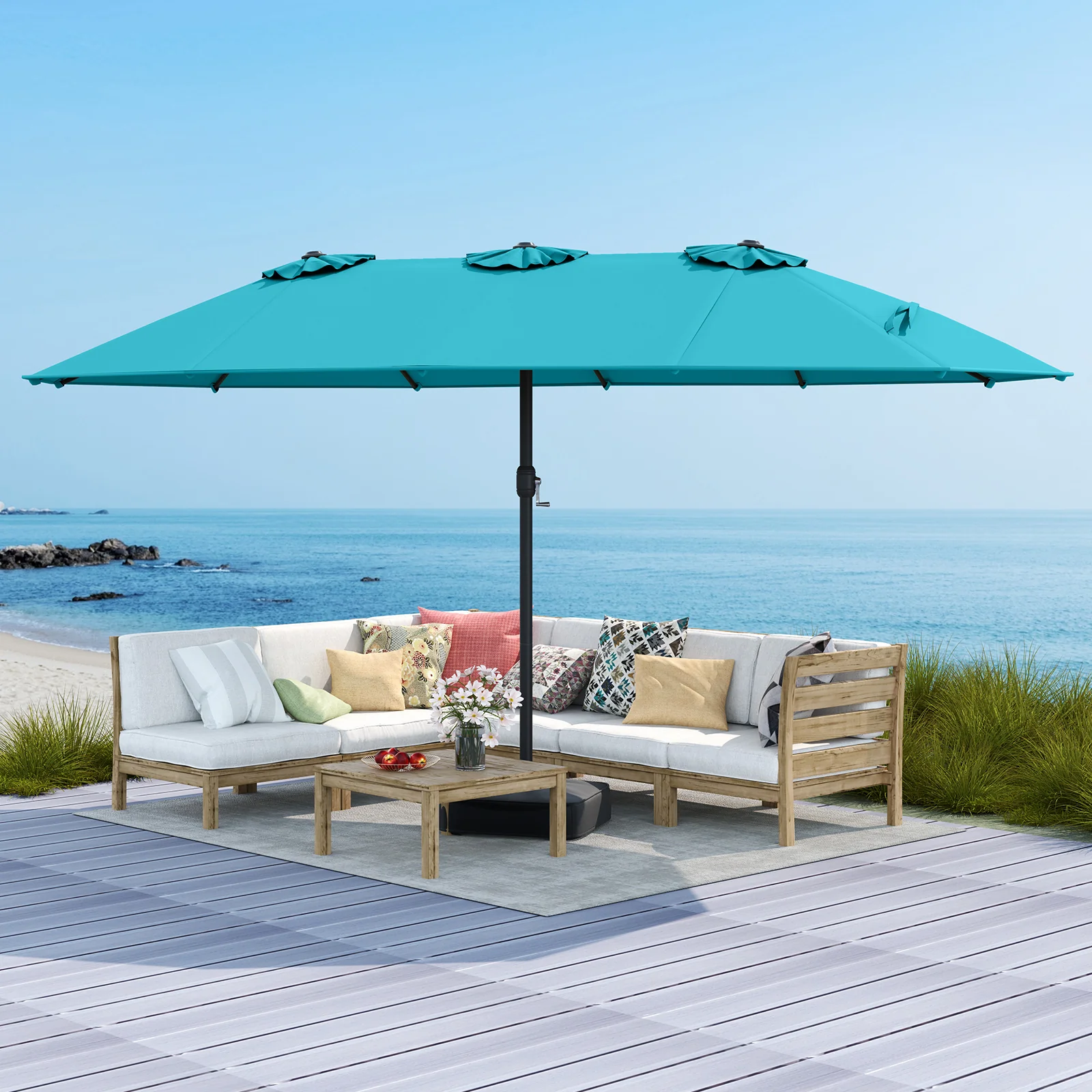 15 Feet Double-Sided Patio Umbrella, Crank Base, Turquoise - Image 3