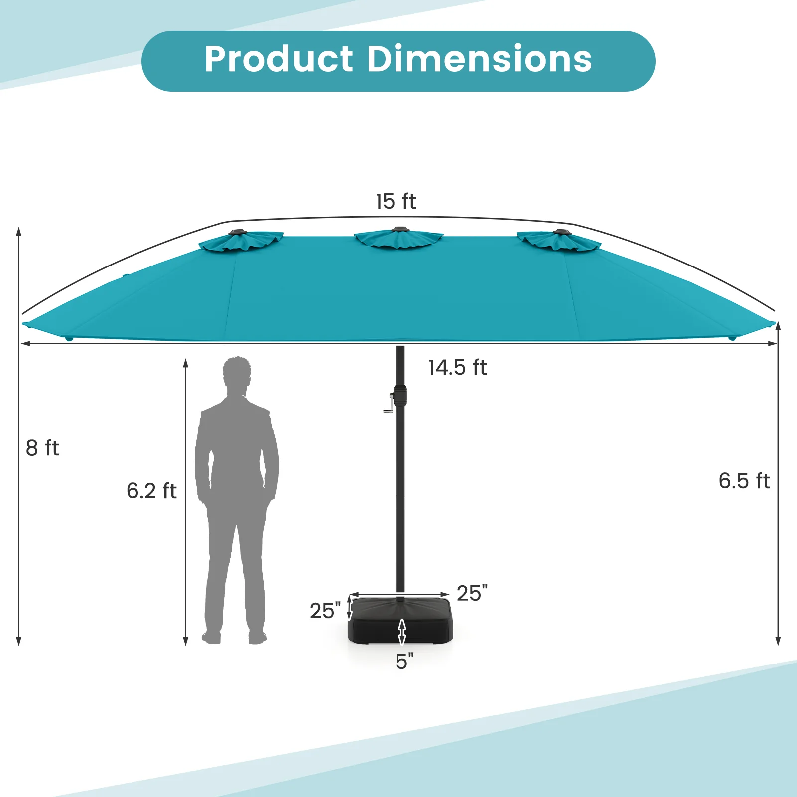 15 Feet Double-Sided Patio Umbrella, Crank Base, Turquoise - Image 6