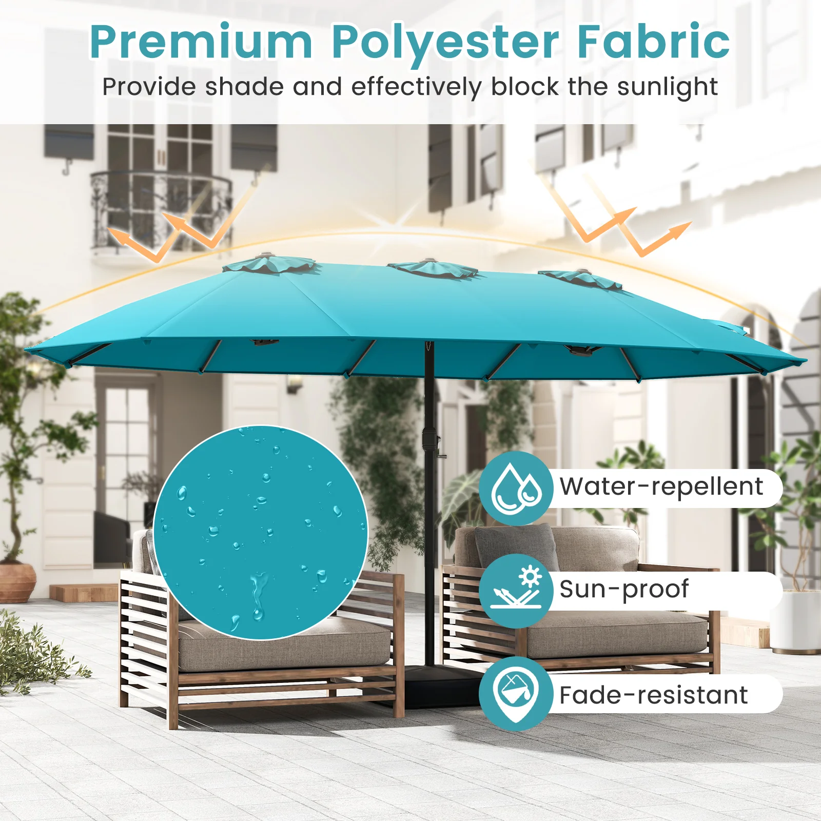 15 Feet Double-Sided Patio Umbrella, Crank Base, Turquoise - Image 7