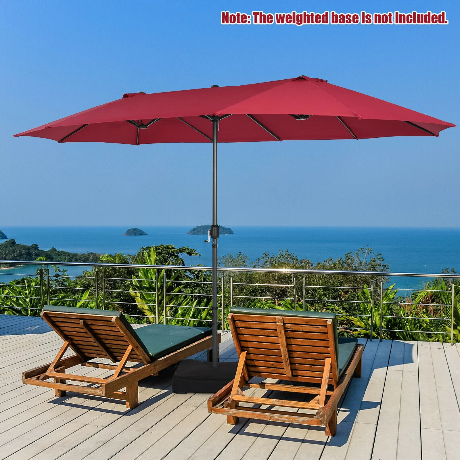 15 Feet Double-Sided Patio Umbrella, Hand-Crank System, Dark Red - Image 2