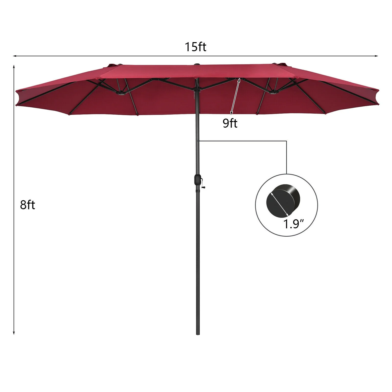 15 Feet Double-Sided Patio Umbrella, Hand-Crank System, Dark Red - Image 6