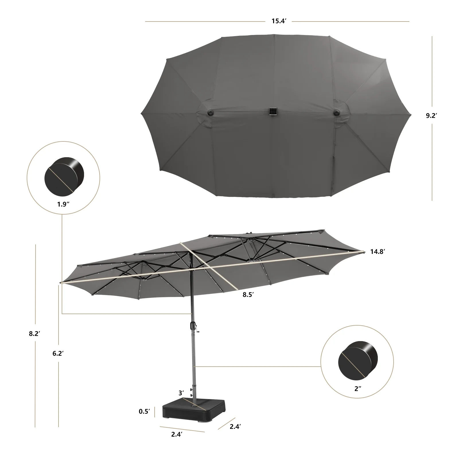 15 Feet Double-Sided Patio Umbrella With 48 LED Lights, Gray - Image 5