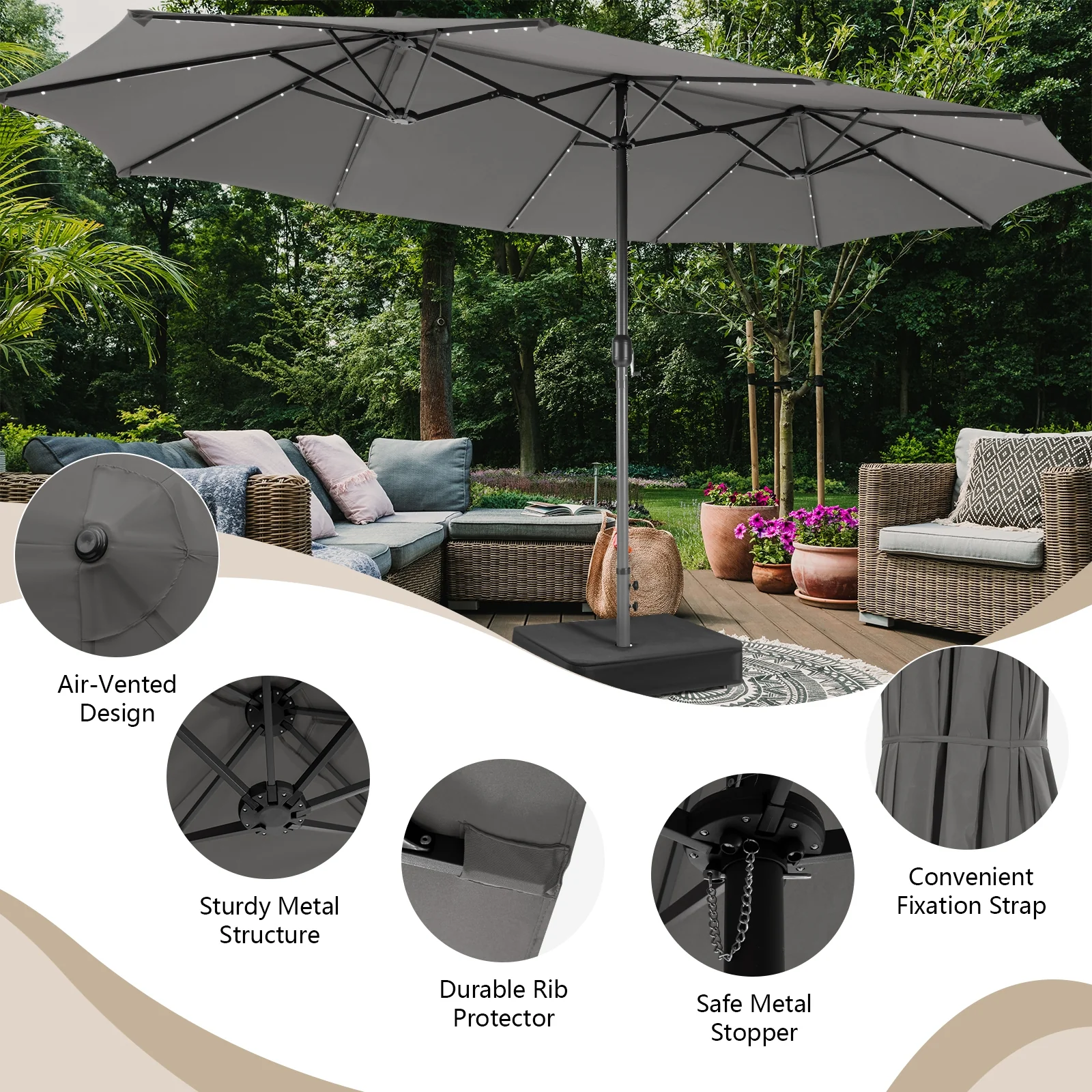15 Feet Double-Sided Patio Umbrella With 48 LED Lights, Gray - Image 6