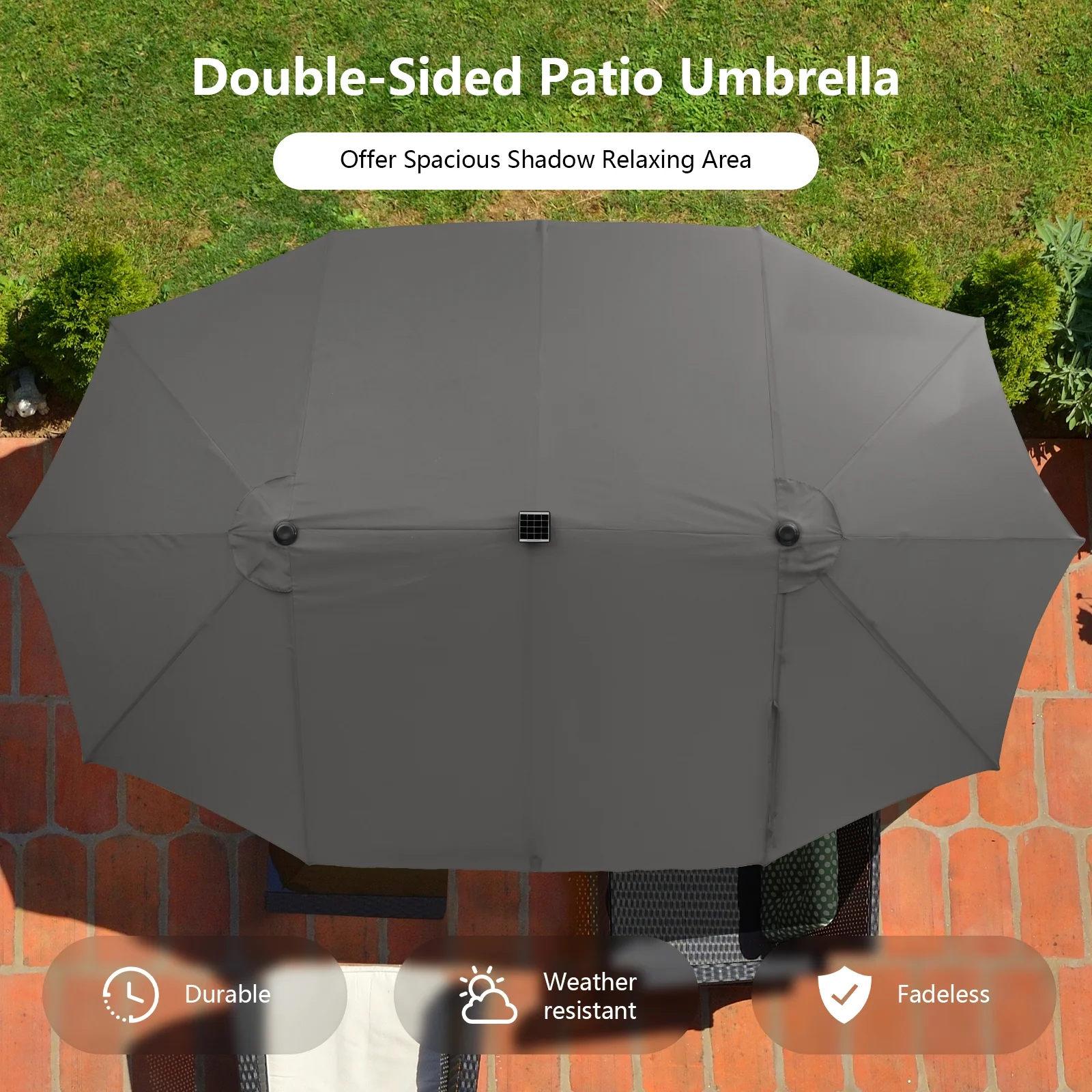 15 Feet Double-Sided Patio Umbrella With 48 LED Lights, Gray - Image 7