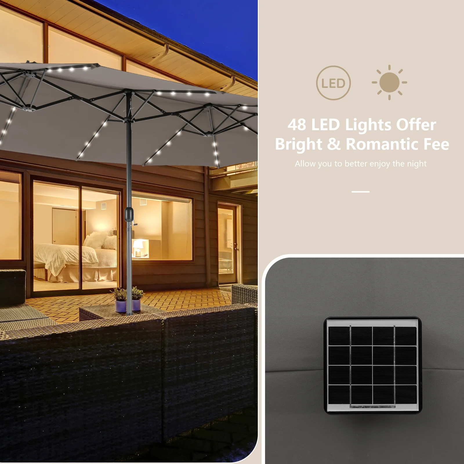 15 Feet Double-Sided Patio Umbrella With 48 LED Lights, Gray - Image 9