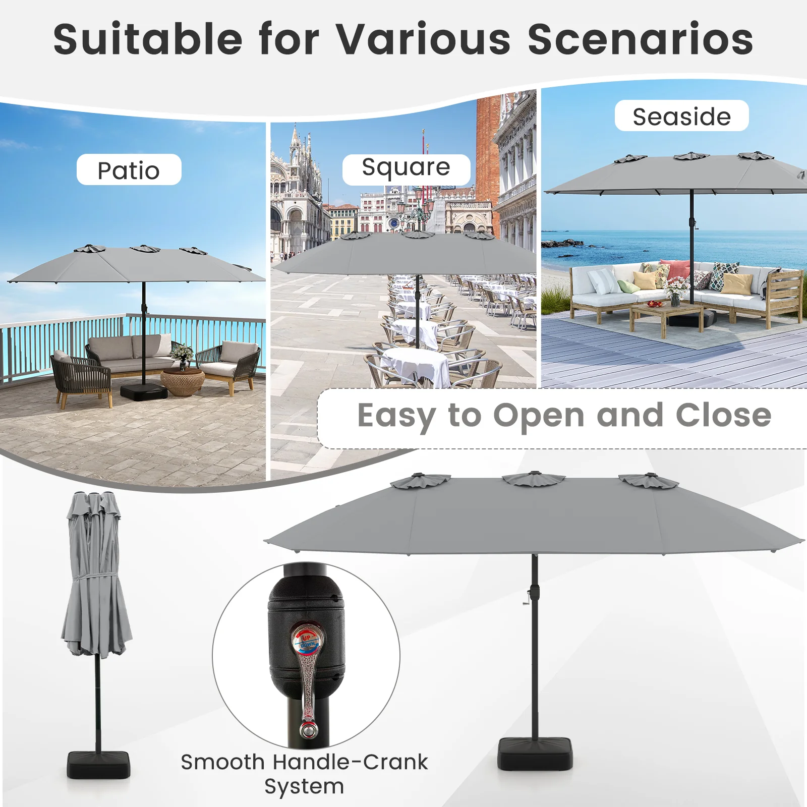 15 Feet Double-Sided Twin Patio Umbrella, Crank Base, Coffee Gray - Image 10