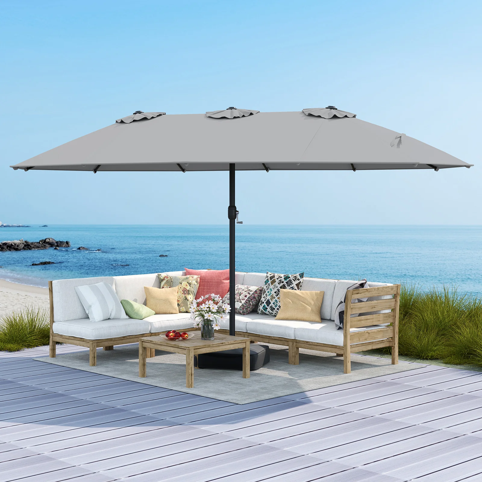 15 Feet Double-Sided Twin Patio Umbrella, Crank Base, Coffee Gray - Image 3