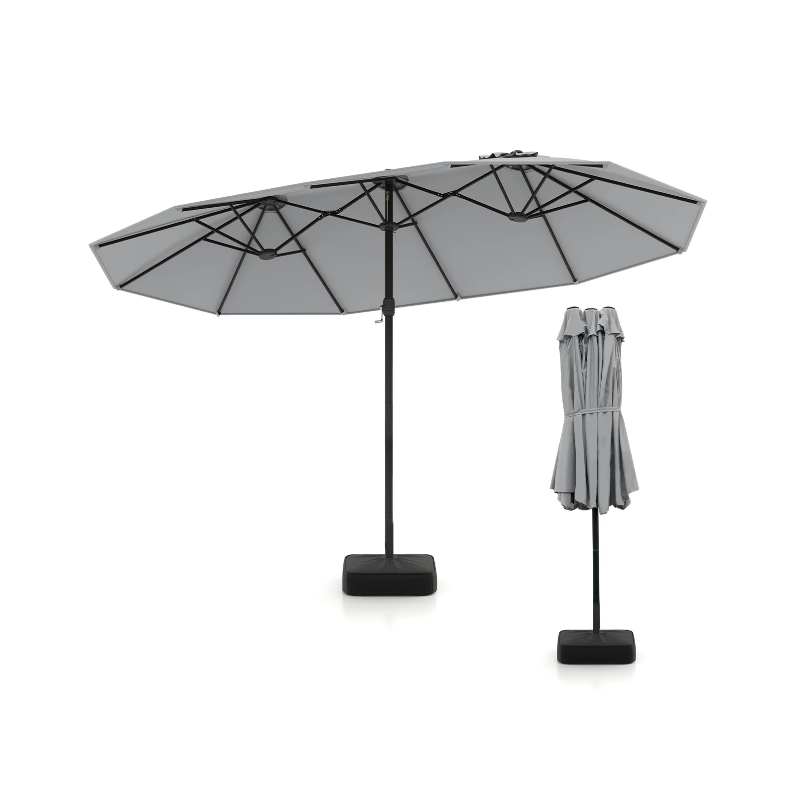 15 Feet Double-Sided Twin Patio Umbrella, Crank Base, Coffee Gray - Image 4