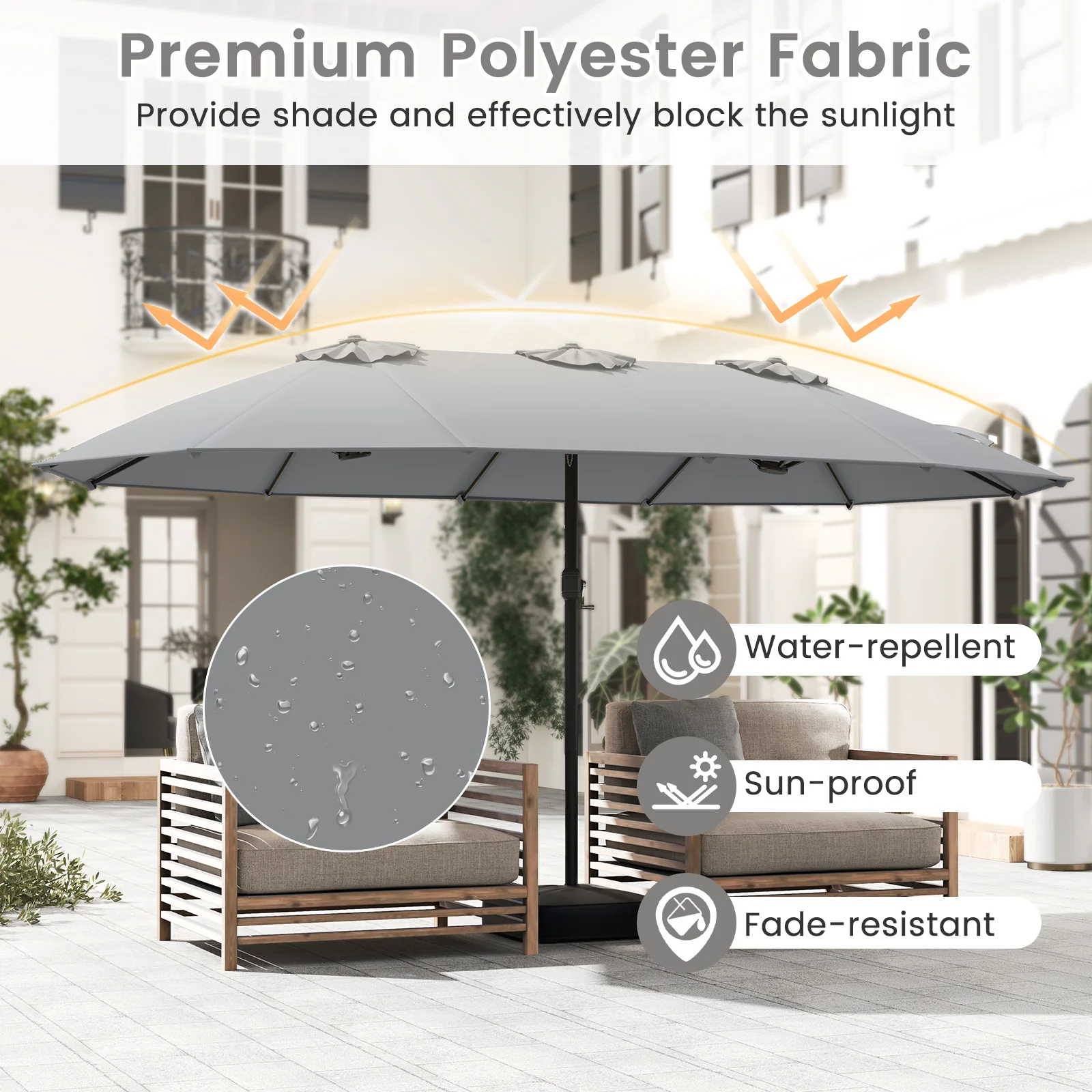 15 Feet Double-Sided Twin Patio Umbrella, Crank Base, Coffee Gray - Image 7