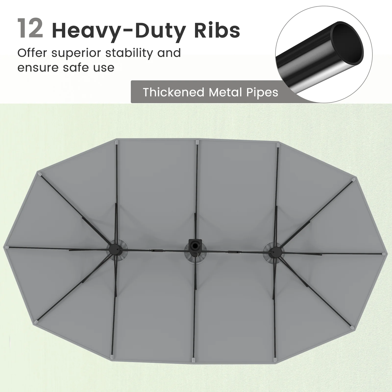 15 Feet Double-Sided Twin Patio Umbrella, Crank Base, Coffee Gray - Image 9
