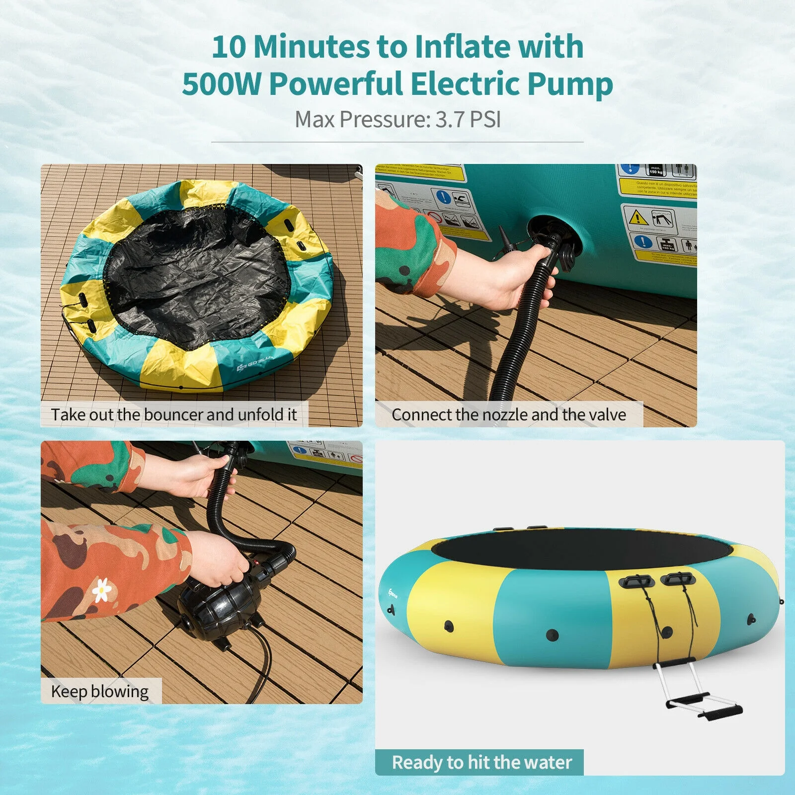 15 Feet Inflatable Splash Padded Water Bouncer Trampoline, Yellow - Image 10