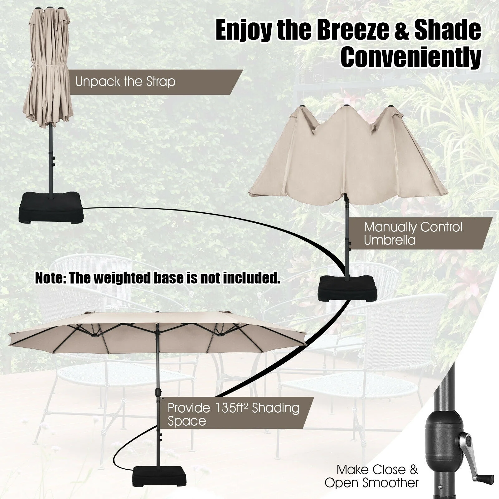 15 Feet Patio Umbrella, Hand-Crank System, Beige - Image 10