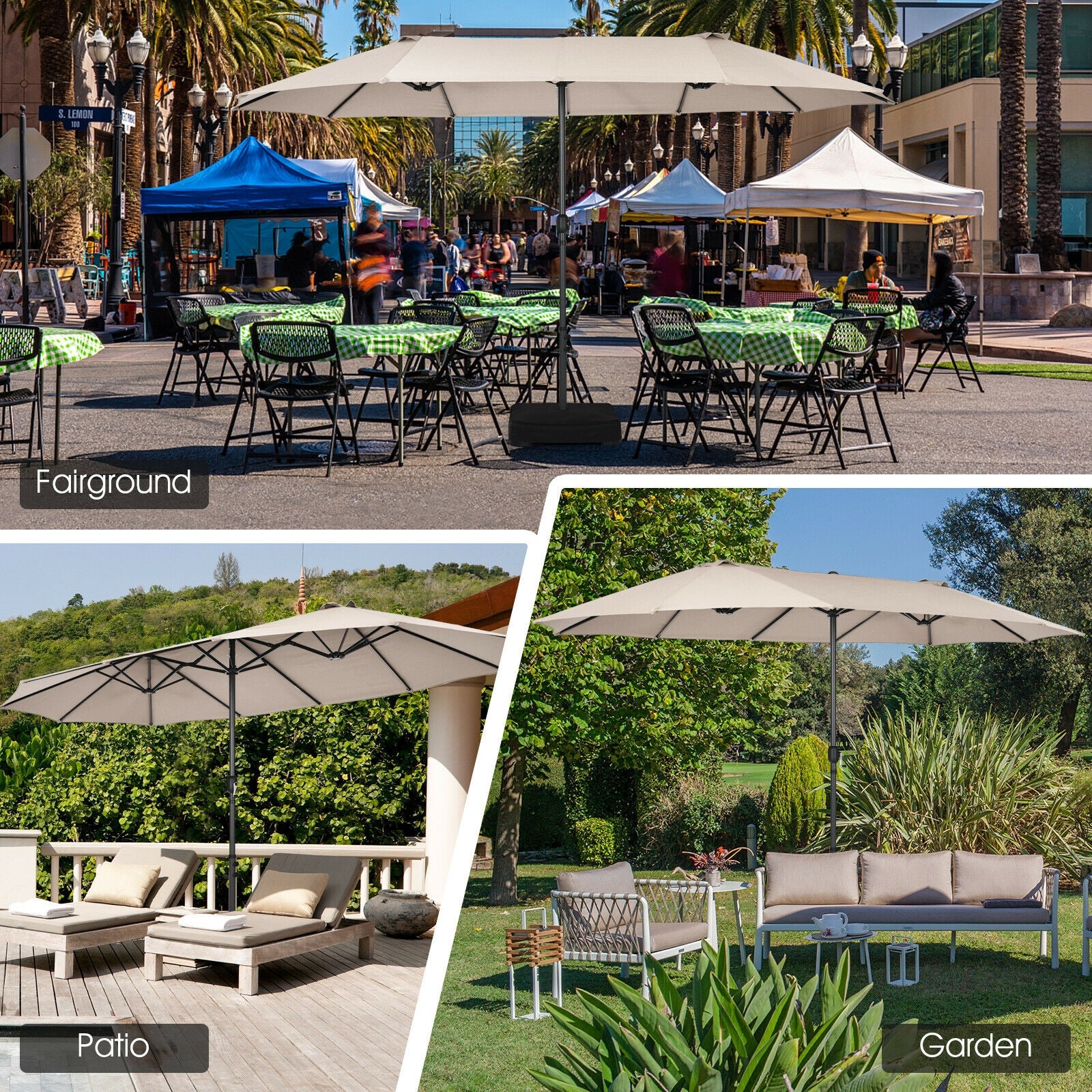 15 Feet Patio Umbrella, Hand-Crank System, Beige - Image 3