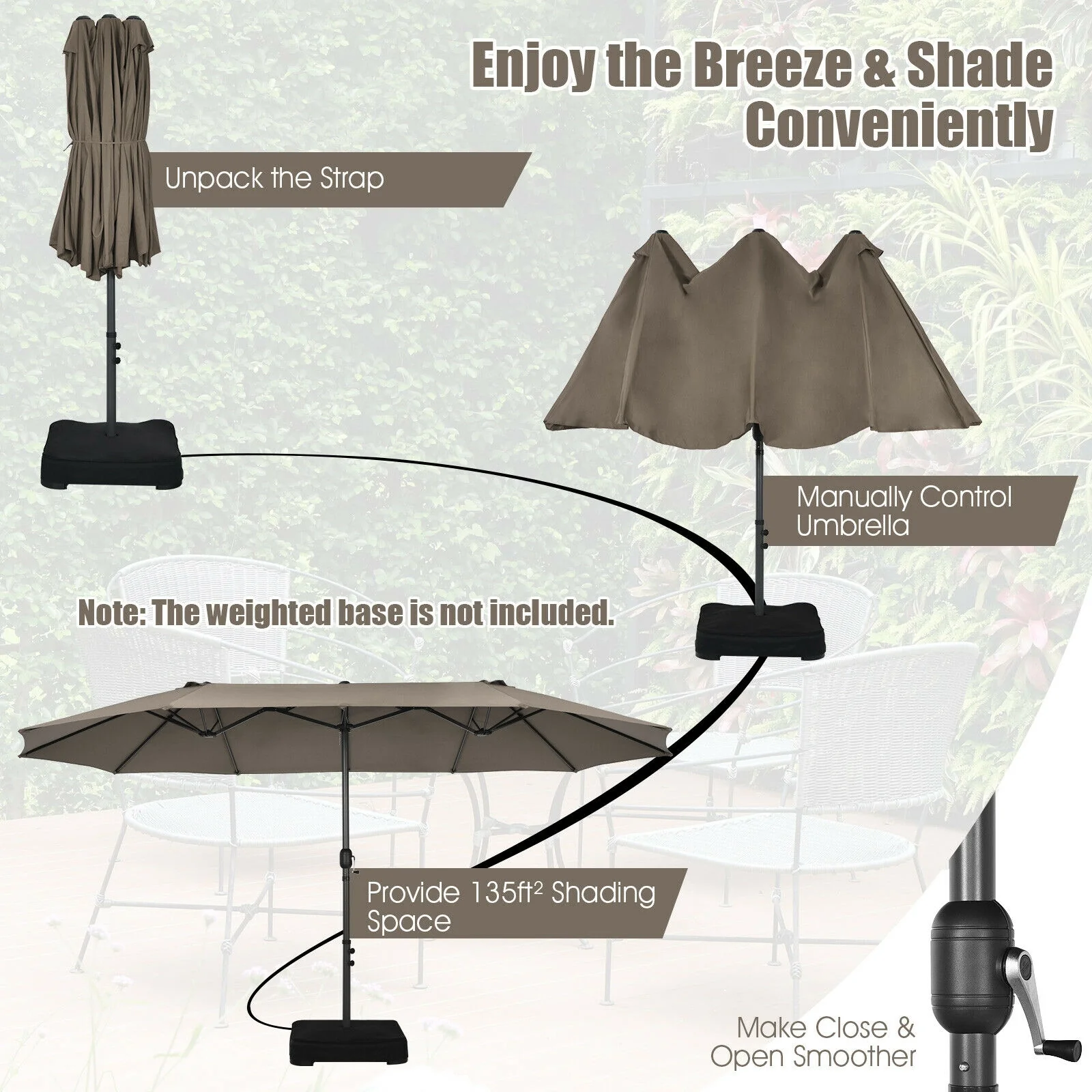15 Feet Patio Umbrella, Hand-Crank System, Brown - Image 10