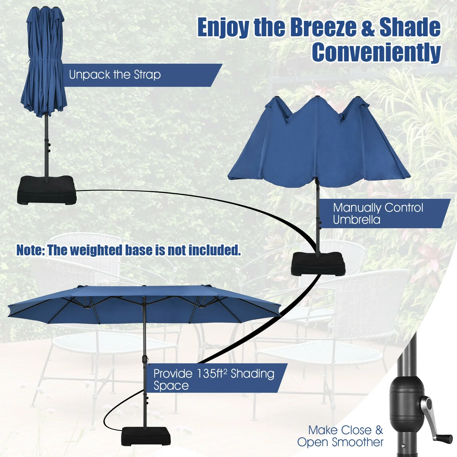 15 Feet Patio Umbrella, Hand-Crank System, Navy - Image 10