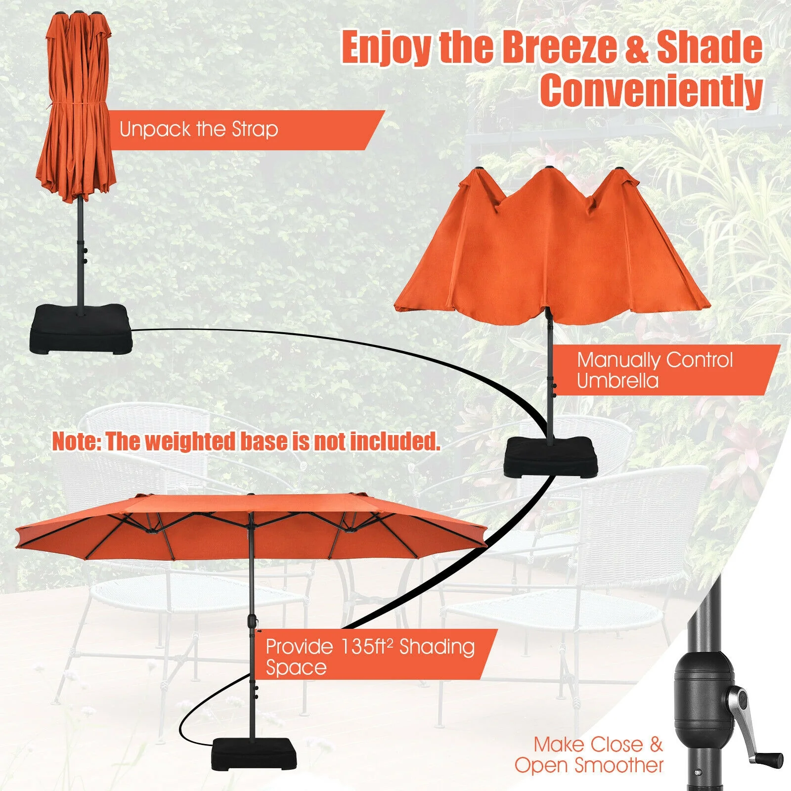 15 Feet Patio Umbrella, Hand-Crank System, Orange - Image 10