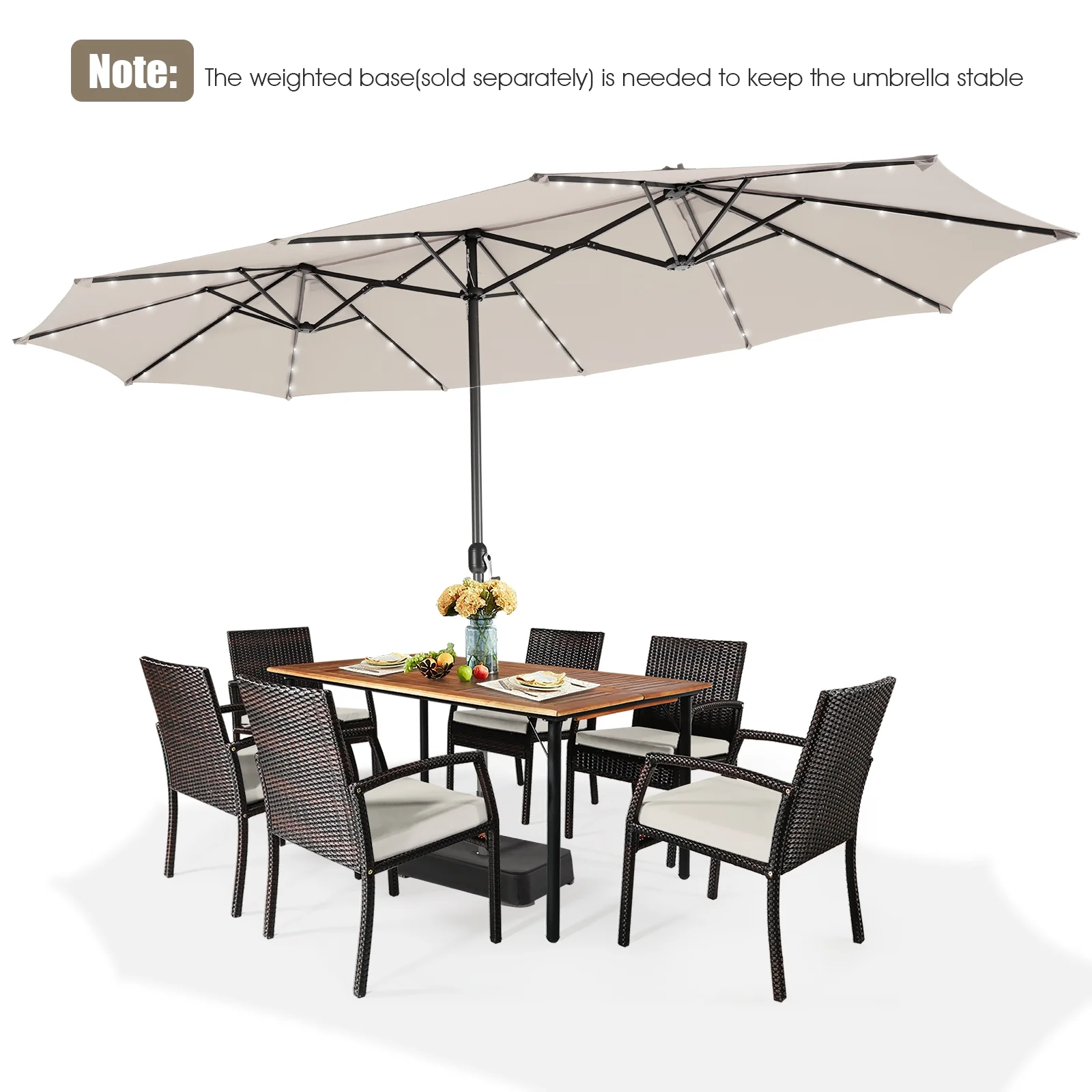 15 Feet Twin Patio Umbrella, 48 Solar LED Lights, Beige - Image 10