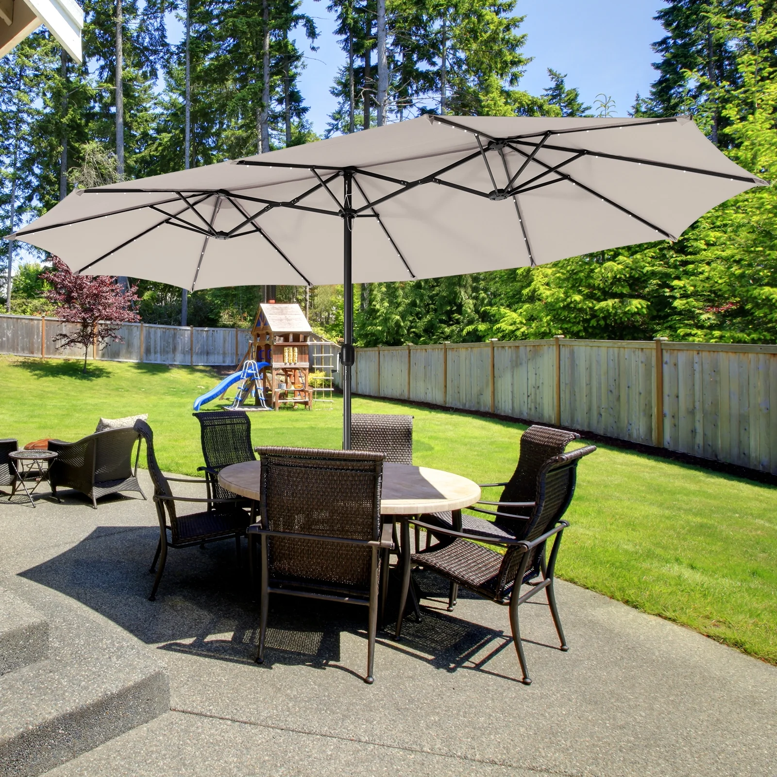 15 Feet Twin Patio Umbrella, 48 Solar LED Lights, Beige - Image 2