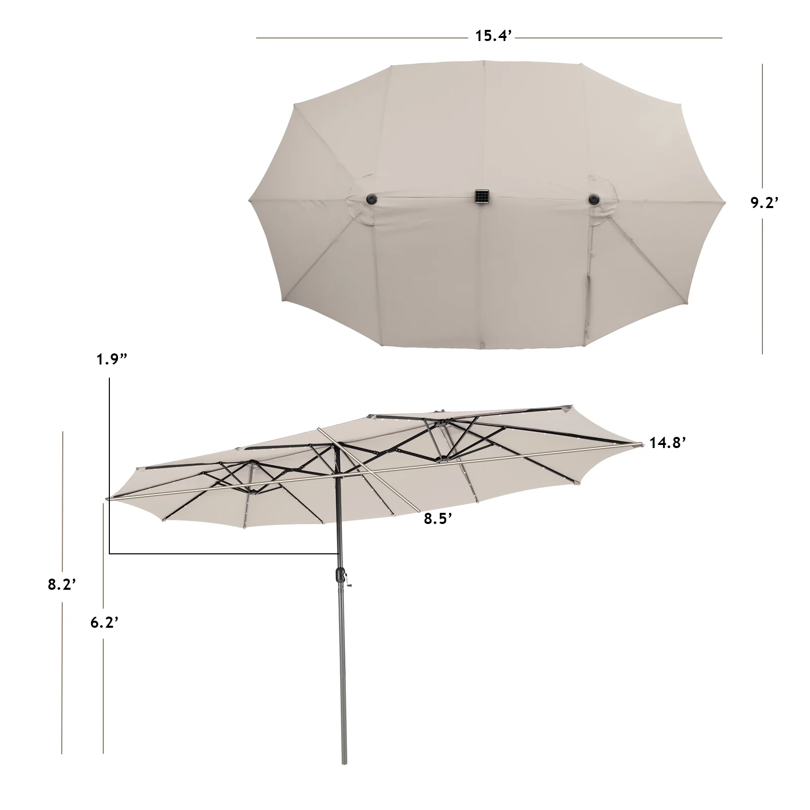 15 Feet Twin Patio Umbrella, 48 Solar LED Lights, Beige - Image 5