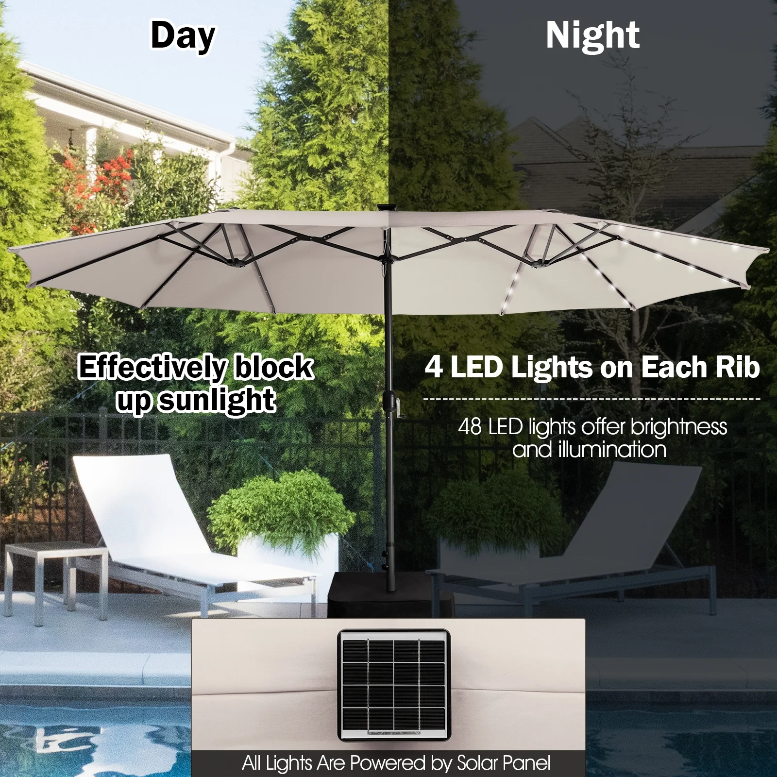 15 Feet Twin Patio Umbrella, 48 Solar LED Lights, Beige - Image 6