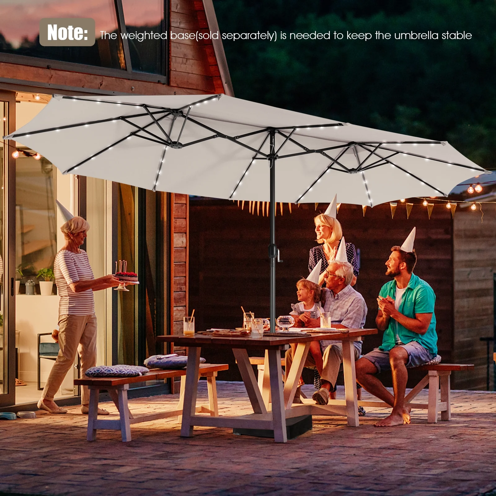 15 Feet Twin Patio Umbrella, 48 Solar LED Lights, Beige - Image 7