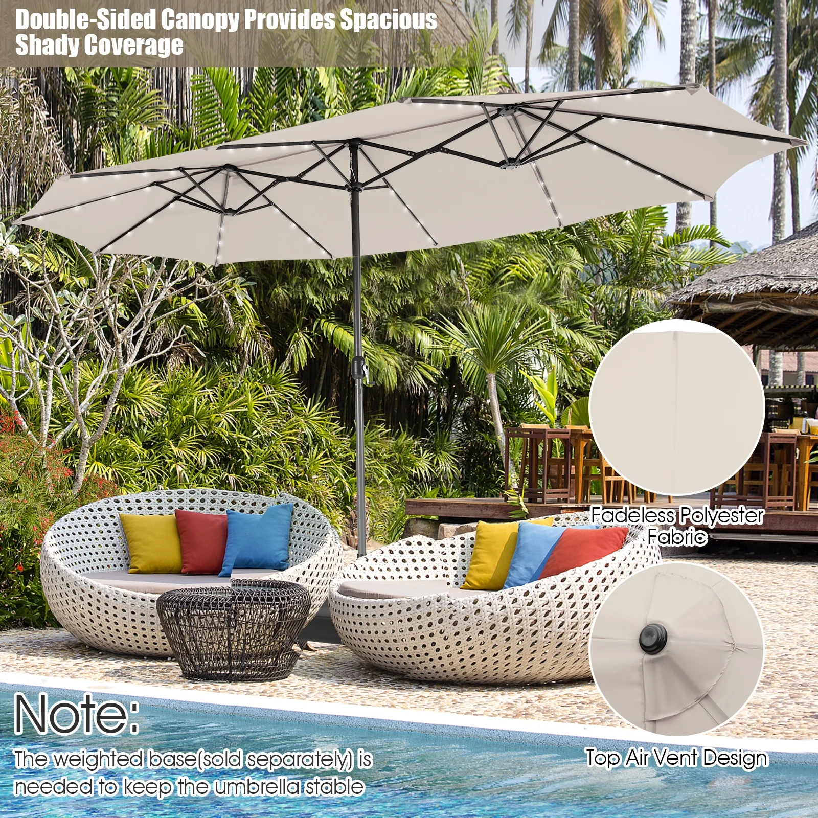 15 Feet Twin Patio Umbrella, 48 Solar LED Lights, Beige - Image 8