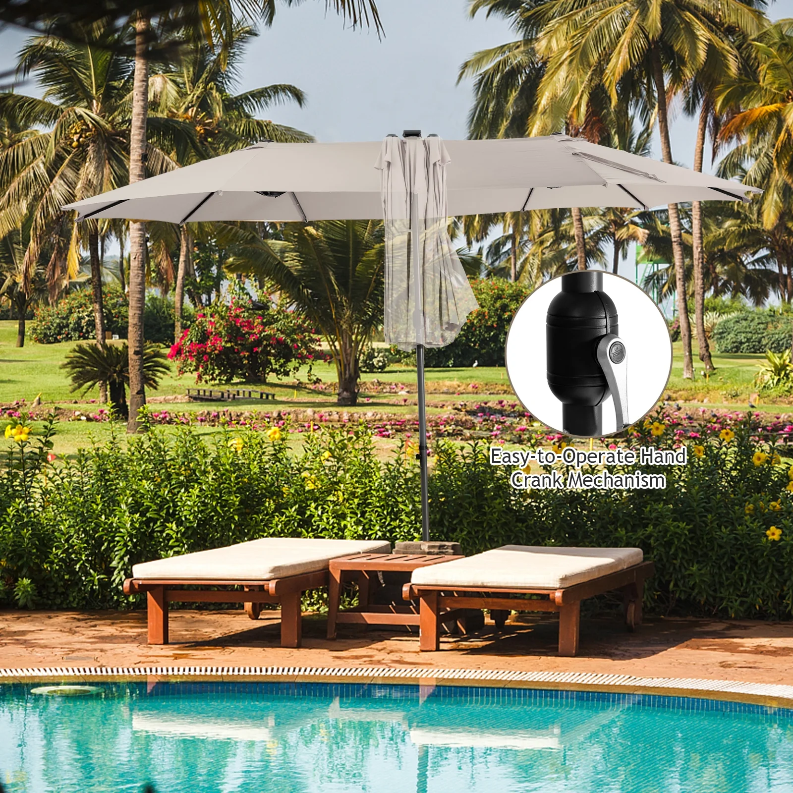 15 Feet Twin Patio Umbrella, 48 Solar LED Lights, Beige - Image 9
