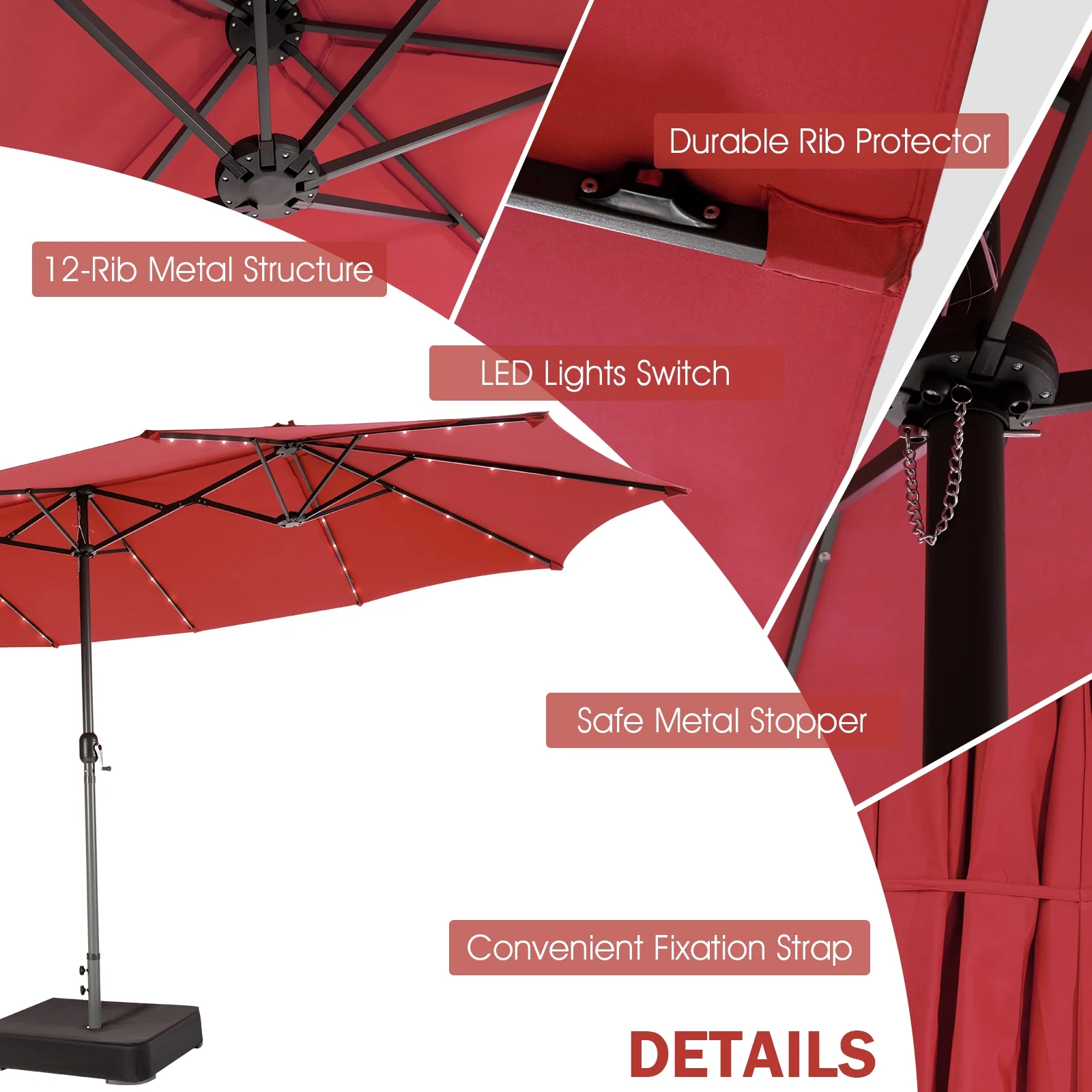 15 Feet Twin Patio Umbrella, 48 Solar LED Lights, Dark Red - Image 10