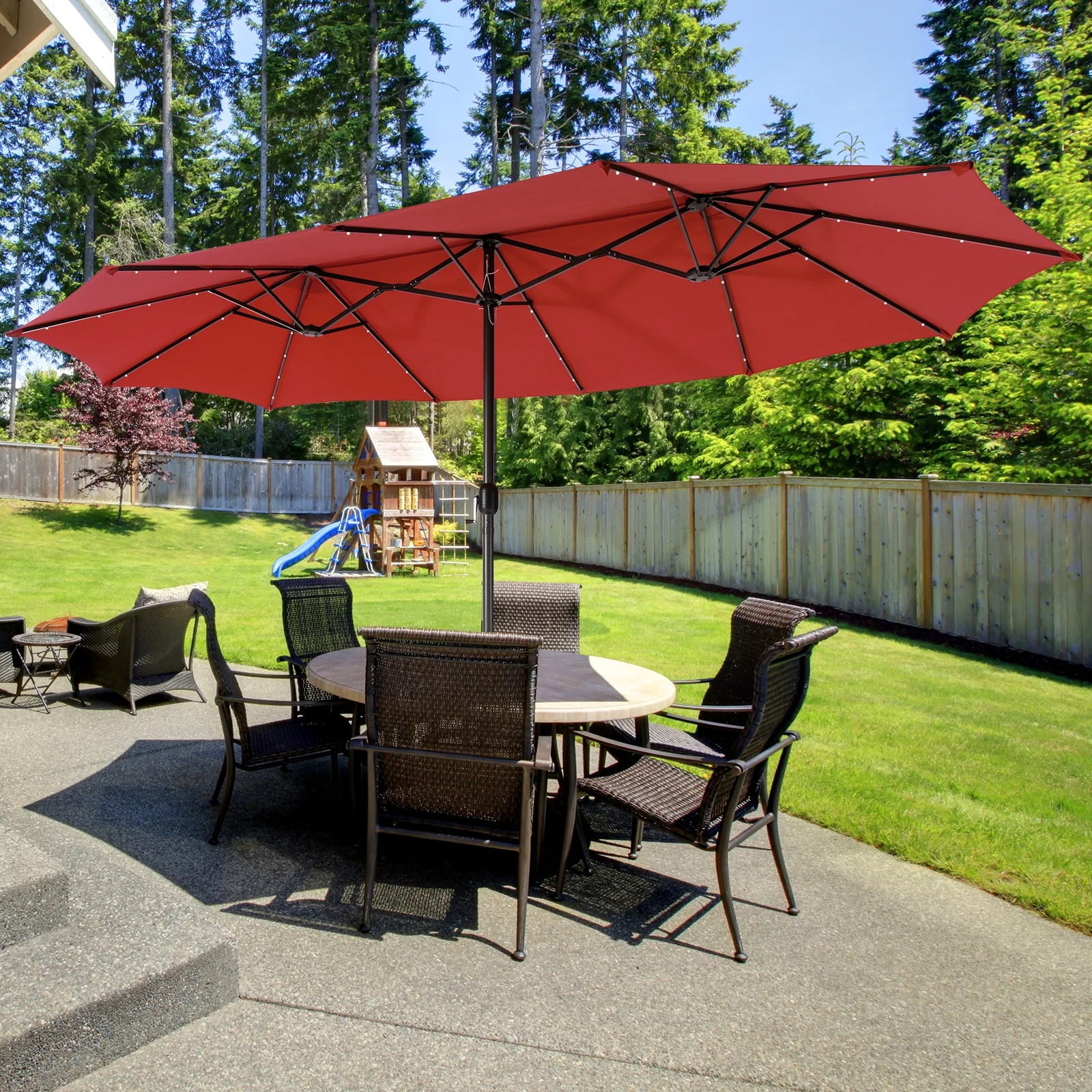 15 Feet Twin Patio Umbrella, 48 Solar LED Lights, Dark Red - Image 2