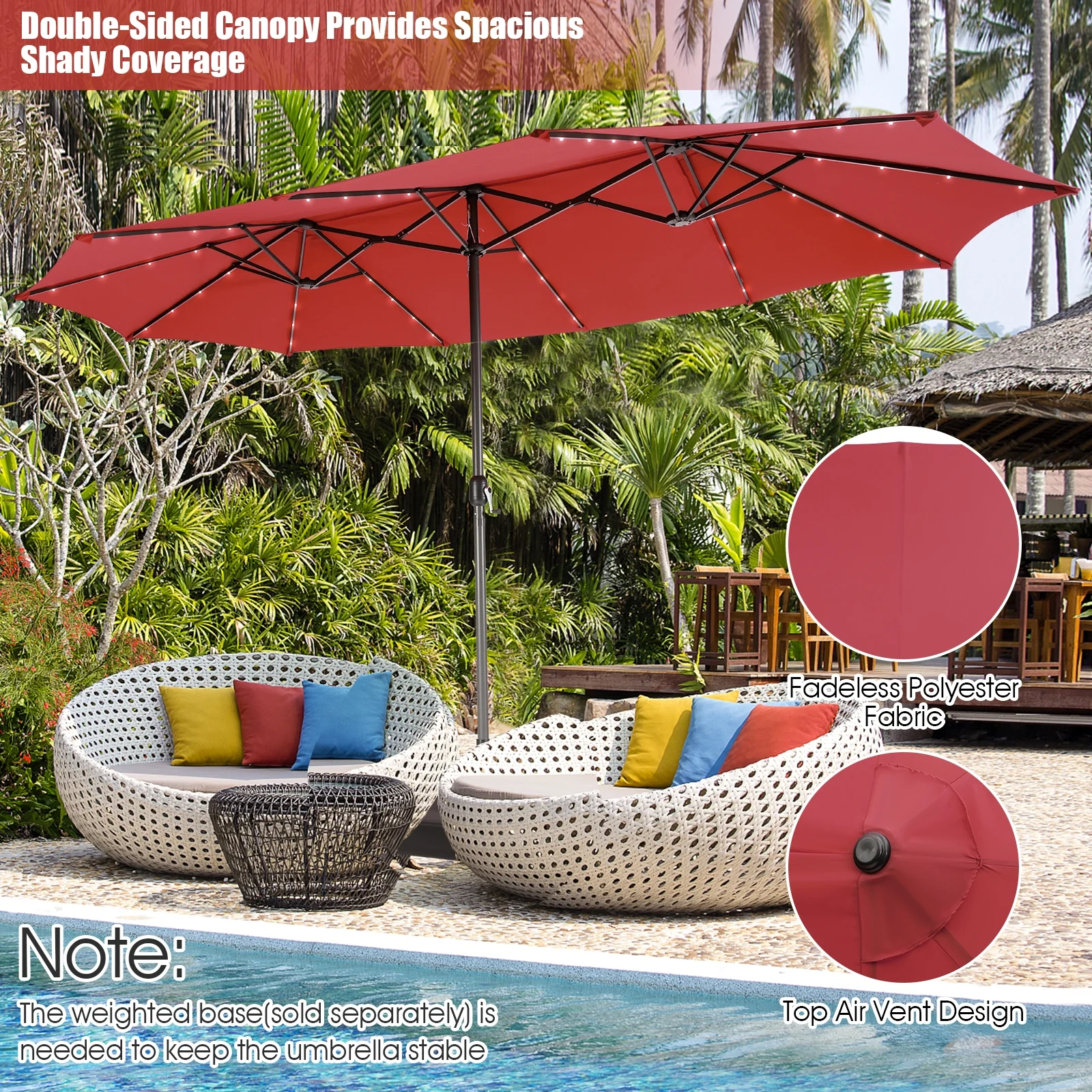 15 Feet Twin Patio Umbrella, 48 Solar LED Lights, Dark Red - Image 3