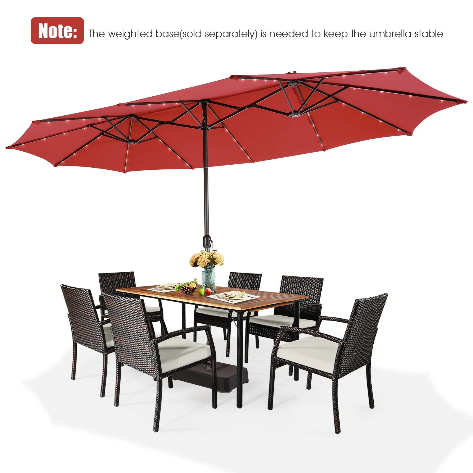 15 Feet Twin Patio Umbrella, 48 Solar LED Lights, Dark Red - Image 5